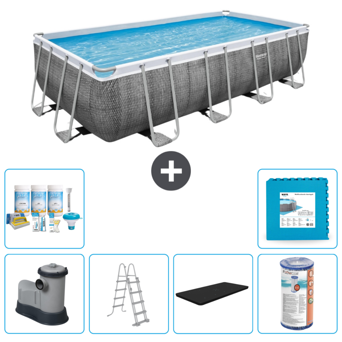 Rechthoekig zwembad met water, filter, chemicaliën, ladder, afdekking, gereedschap en mat.