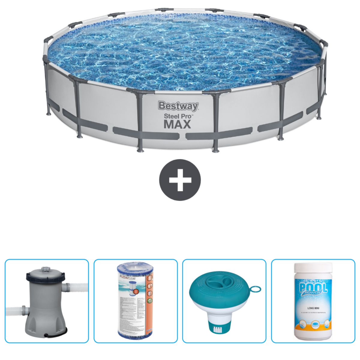 Rond bovengronds zwembad met accessoires: pomp, chloordispenser en chemicaliën.