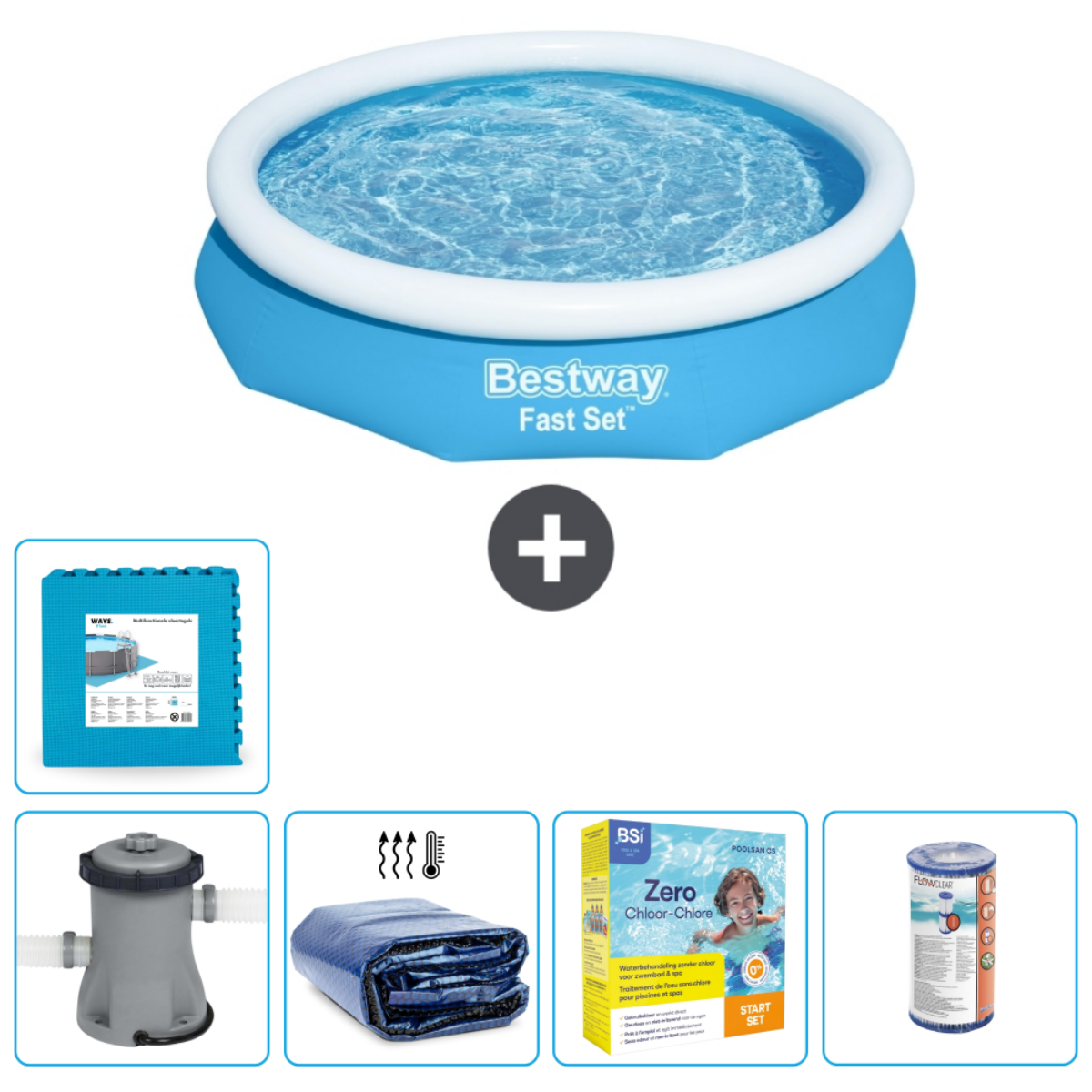 Blauw opblaasbaar zwembad met accessoires: filter, chemicaliën, afdekking en mat. Wit en blauw kleurenschema.