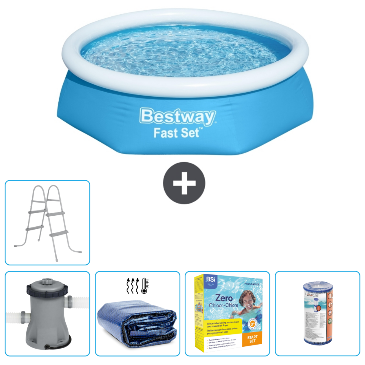 Blauw Bestway Fast Set zwembad, accessoires: ladder, pomp, afdekzeil, chemicaliën, filter.