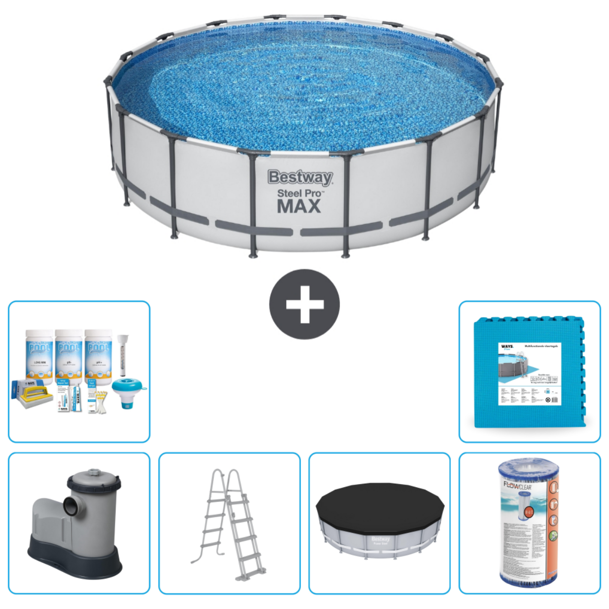 Piscine hors sol avec accessoires. Comprend pompe, échelle, bâche, tapis et produits chimiques.