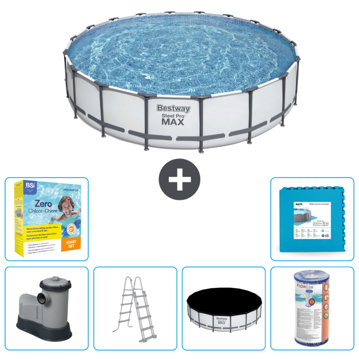 Groot rond zwembad met accessoires: filter, afdekzeil, ladder, chemicaliën, mat. Bestway Steel Pro MAX.
