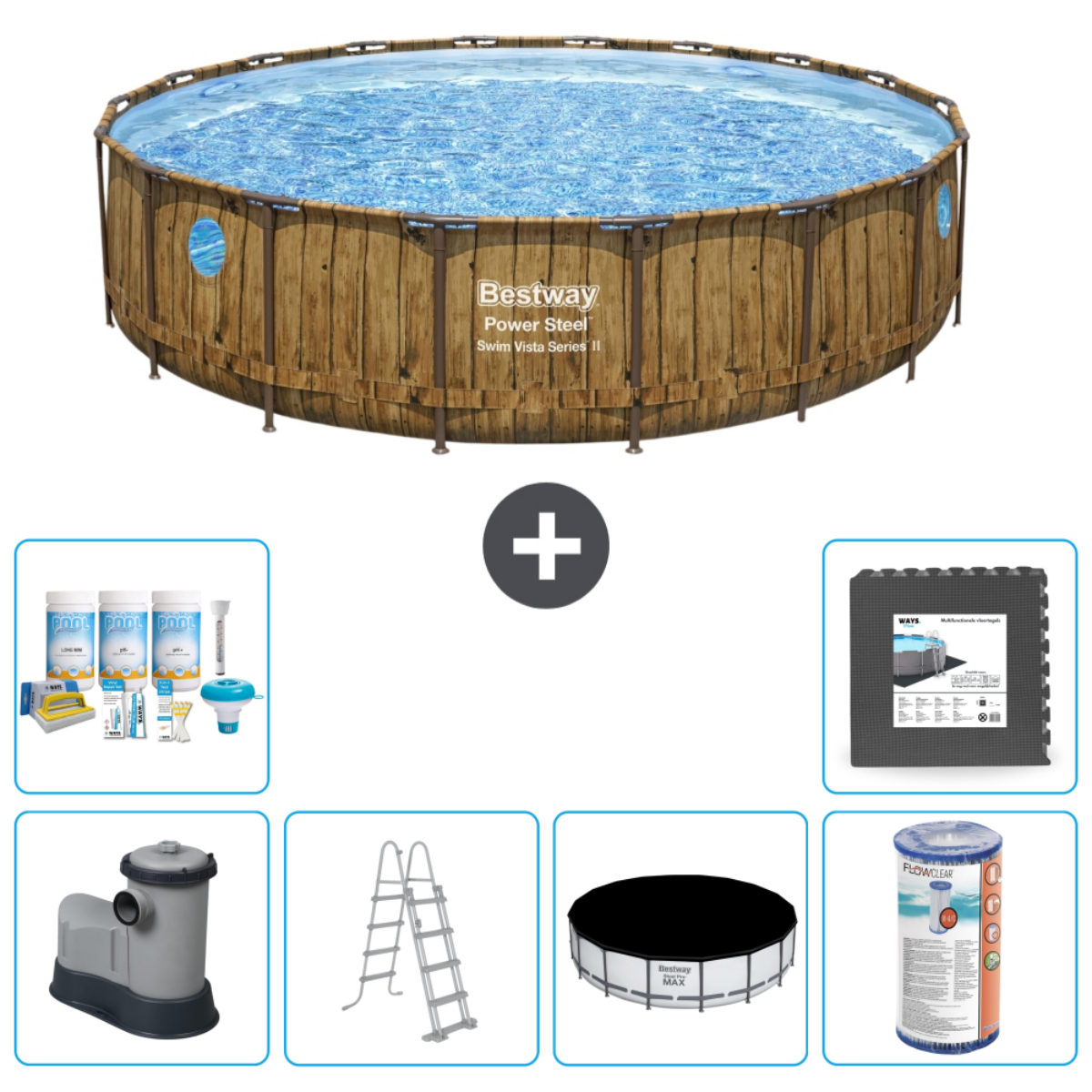 Bovengronds zwembad met houtlook met accessoires zoals een ladder, filter en chemicaliën, op wit.