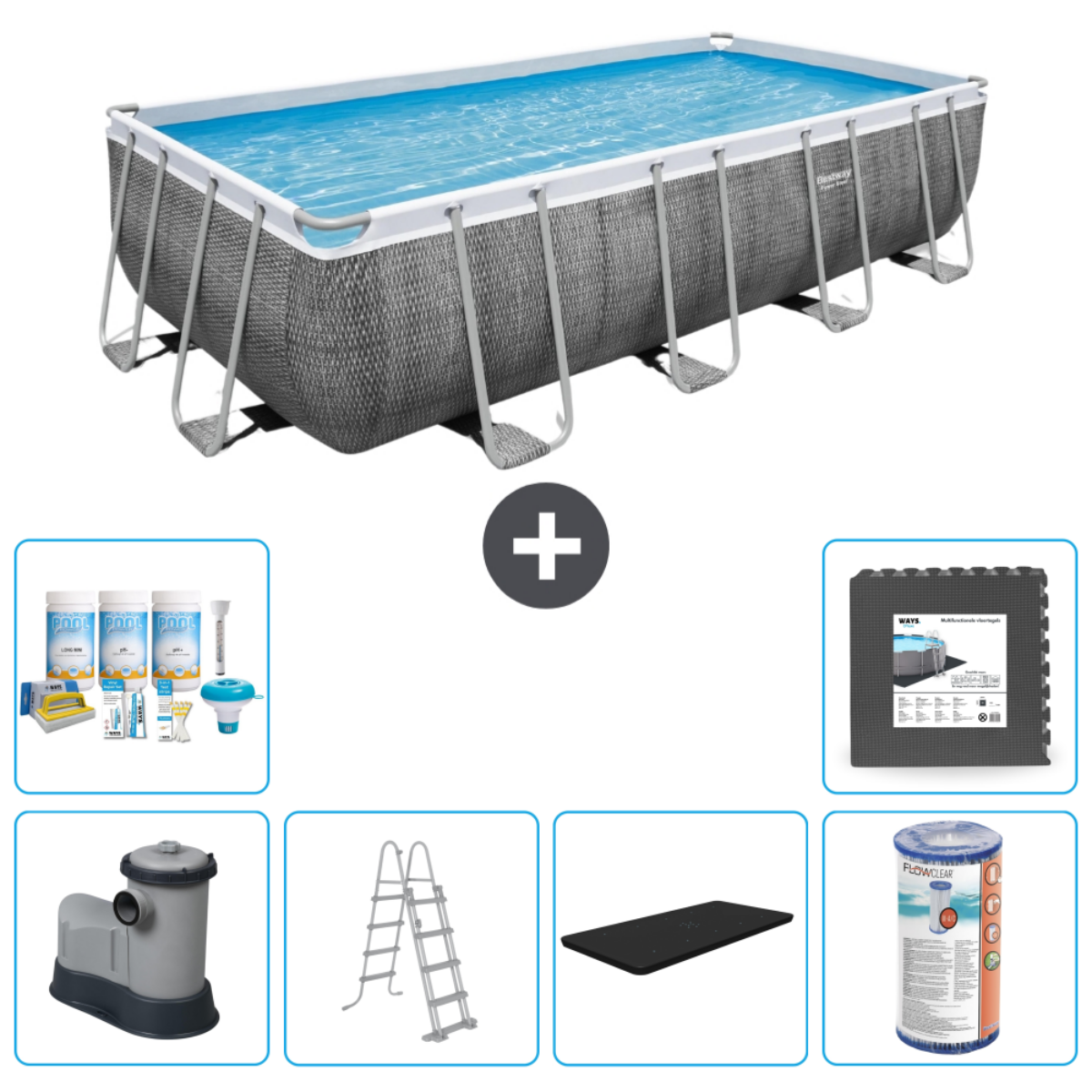 Piscine rectangulaire grise avec cadre métallique et accessoires sur fond blanc.