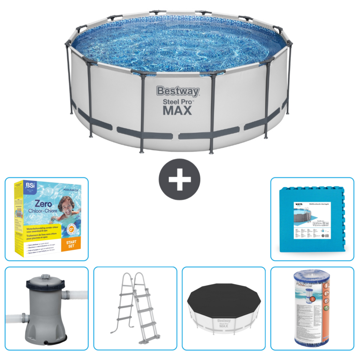 Rond bovengronds zwembad met accessoires zoals filter, afdekking, chemicaliën en ladder.