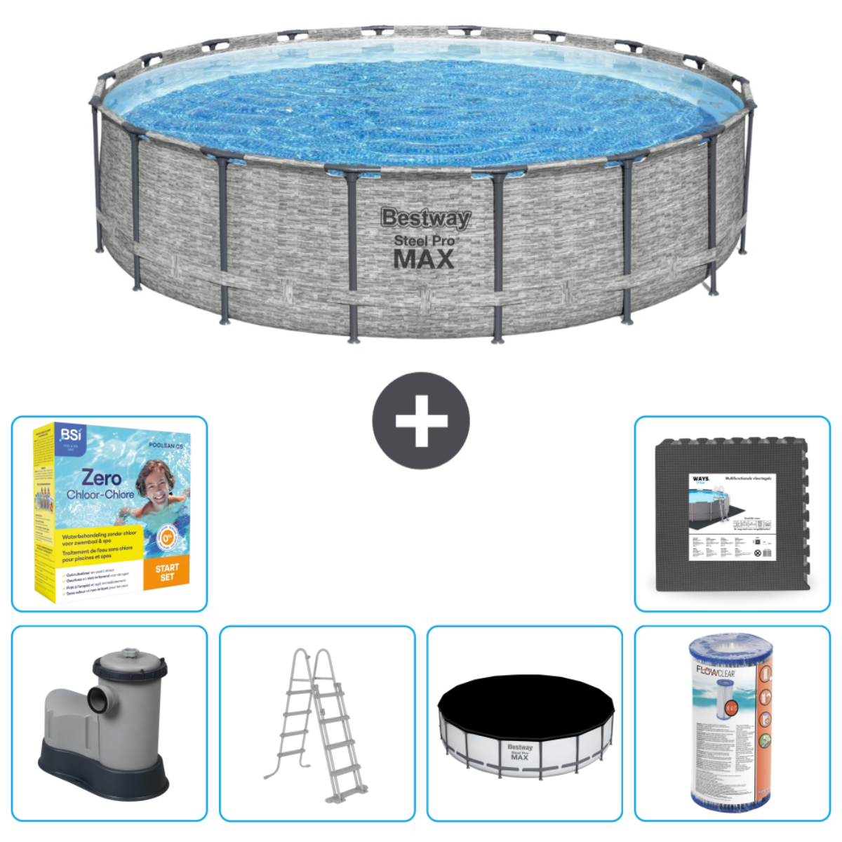 Rond zwembad met filter, ladder, afdekking en chemicaliën. Zwembadaccessoires inbegrepen.