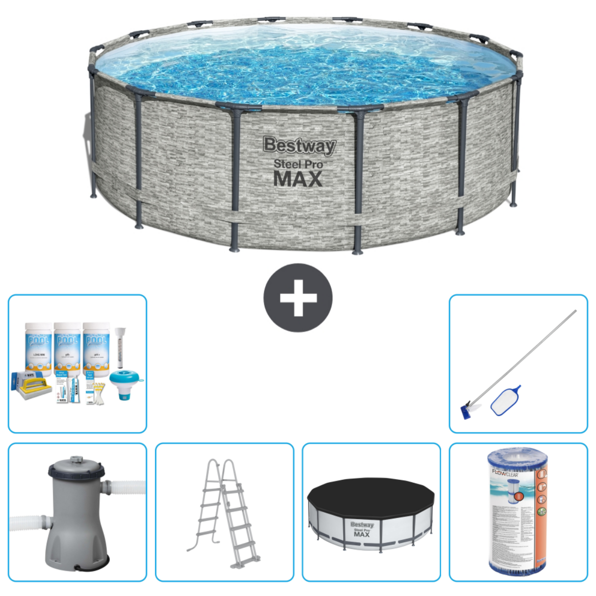 Ronde zwembad met water, accessoires: chemicaliën, filter, ladder, afdekking. Steenachtige muur.