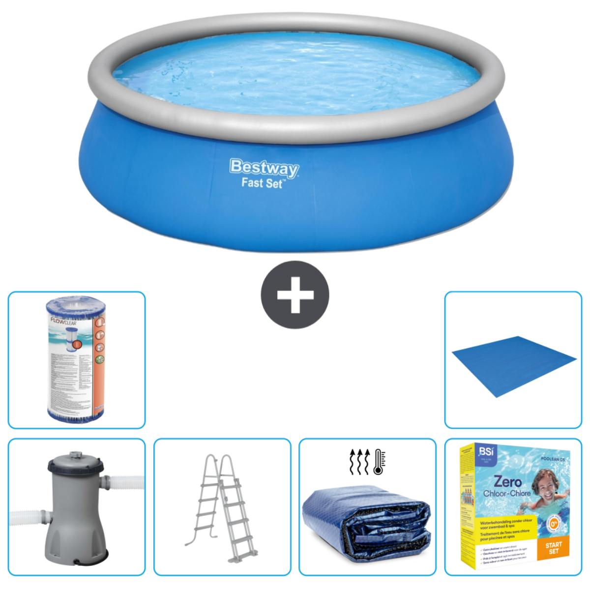 Blauw rond zwembad met water, filter, ladder, afdekking en chemicaliën.