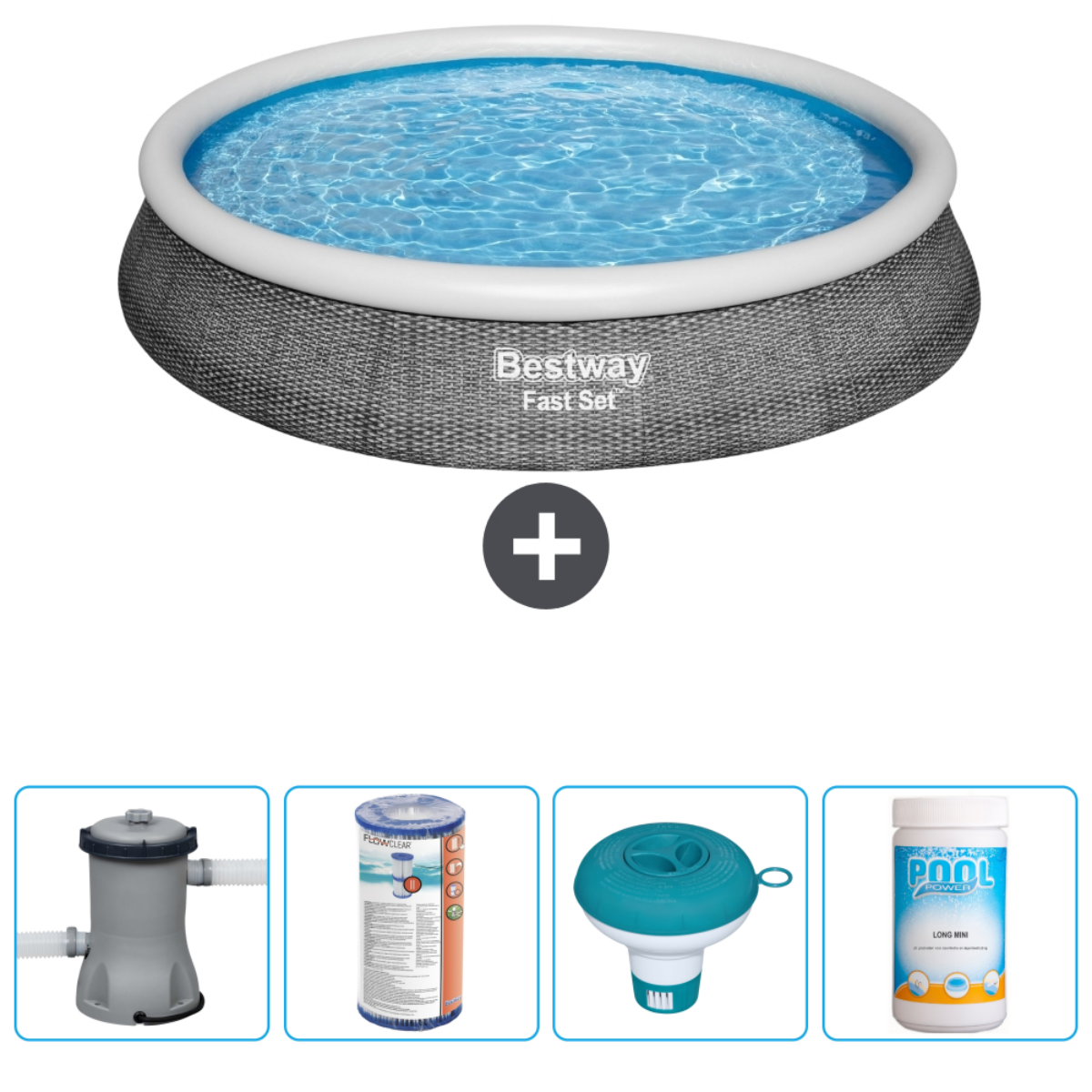 Piscine ronde Bestway avec accessoires, dont filtre, nettoyeur et comprimés de chlore. Eau bleue à l'intérieur.