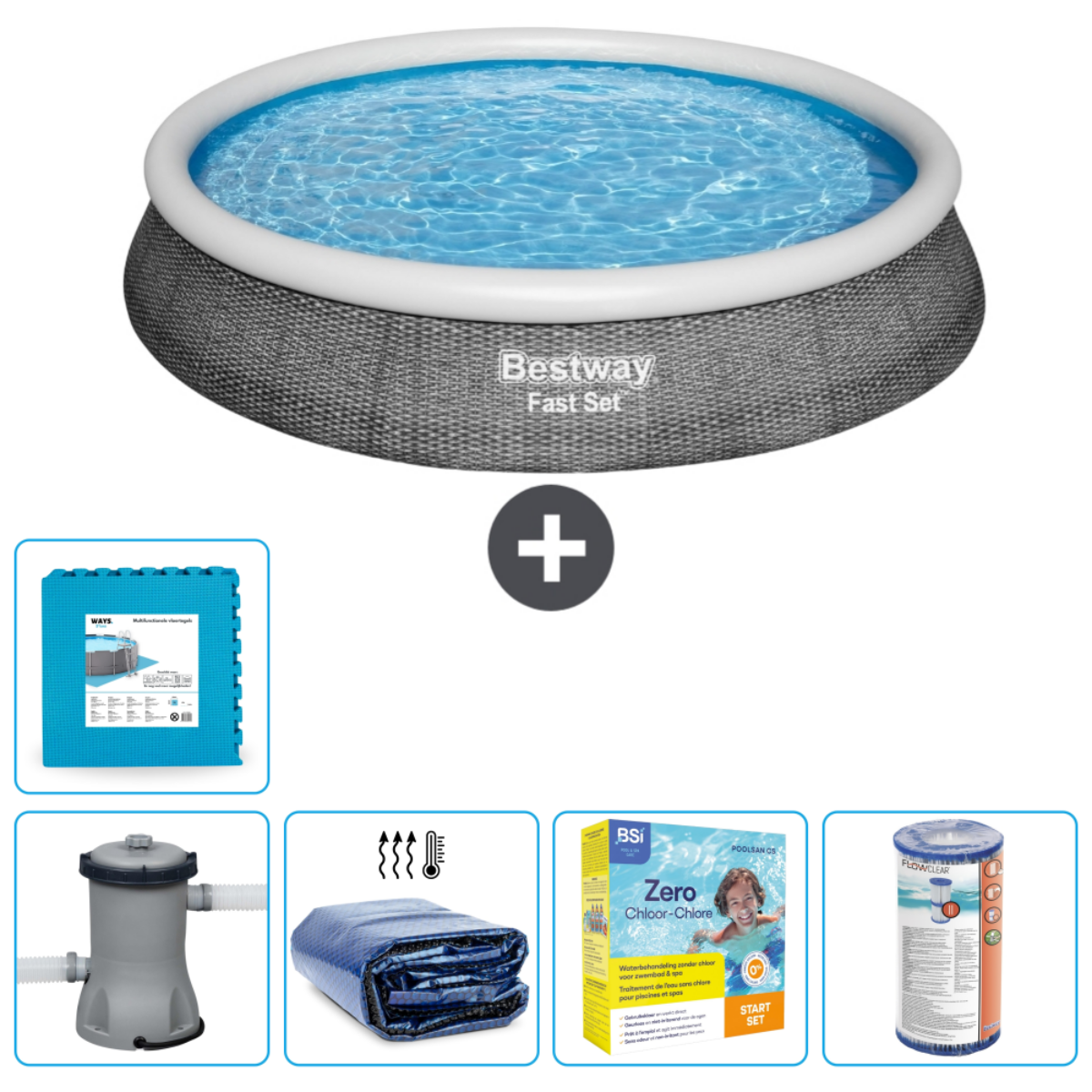 Au-dessus: piscine gonflable, accessoires. En dessous: dalles, pompe, couverture, produits, filtre.