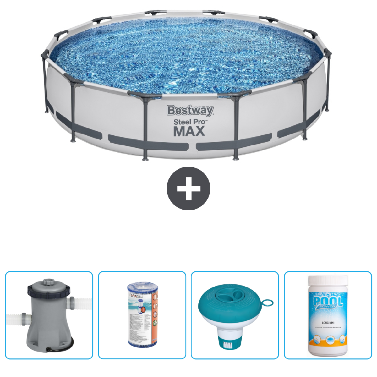 Groot rond zwembad met accessoires: filter, chemicaliën en drijver. Bestway Steel Pro MAX.
