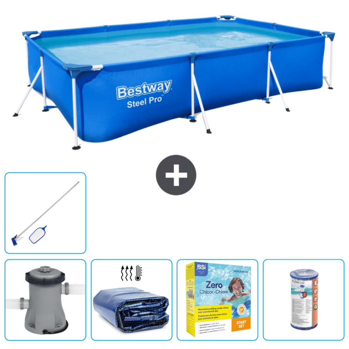 Piscine rectangulaire hors sol avec couverture, filtre, produits chimiques et épuisette.