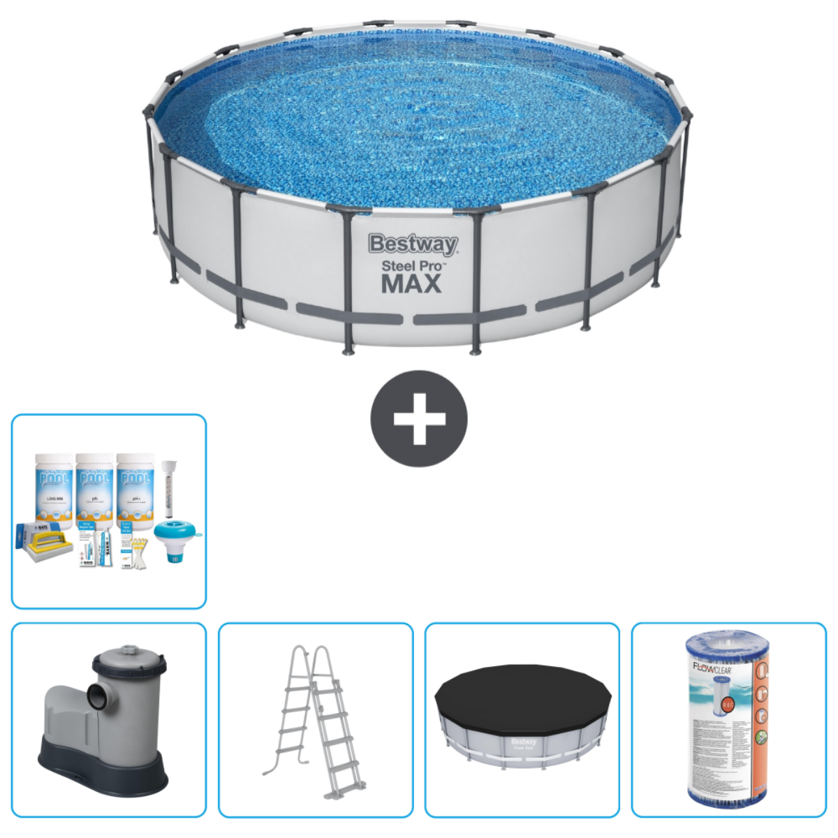 Ensemble piscine avec accessoires. Comprend piscine, kit de nettoyage, échelle, couverture et filtre.
