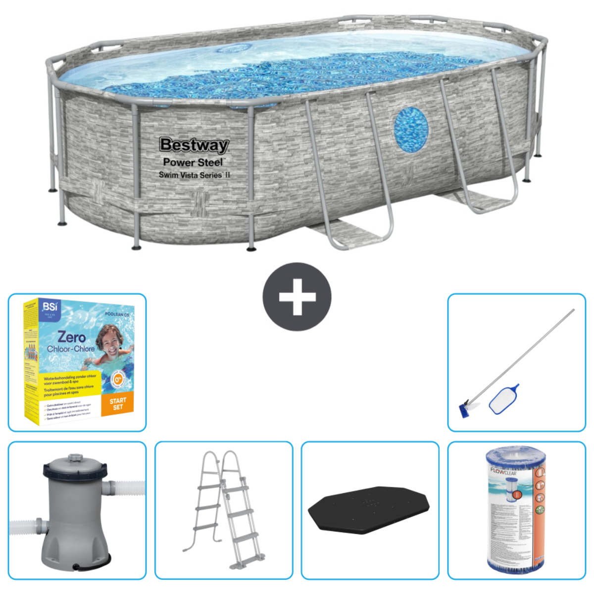 Ovale zwembad, water, accessoires: chemicaliën, filter, ladder, afdekking. Steenachtige muur. Bestway.