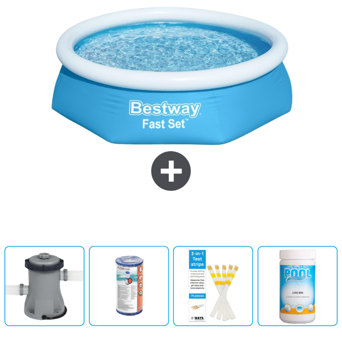 Blauw opblaasbaar zwembad met filter, chemicaliën en teststrips. Zwembadaccessoires inbegrepen.
