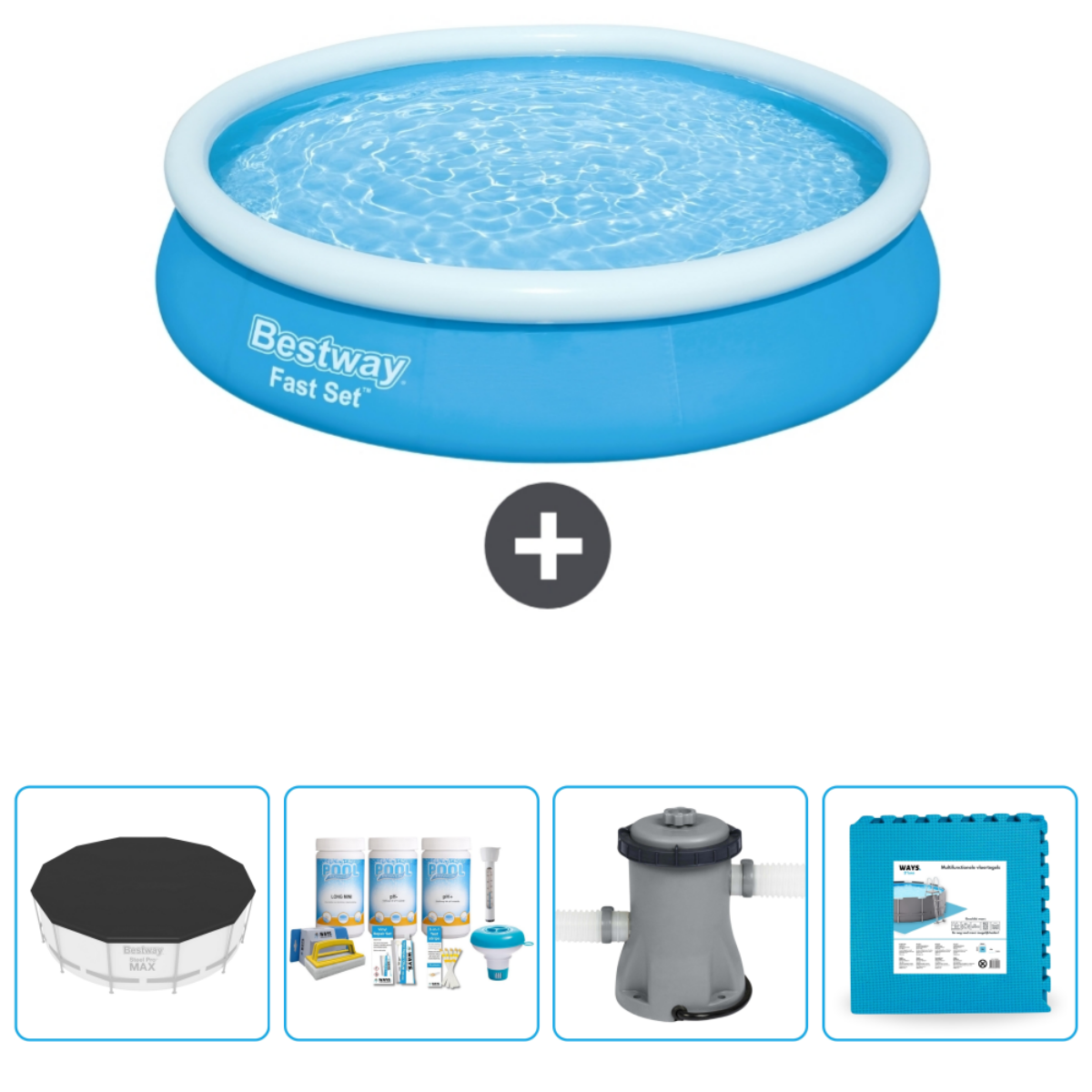 Piscine gonflable bleue avec accessoires : filtre, produits chimiques et couverture. Bordure blanche.