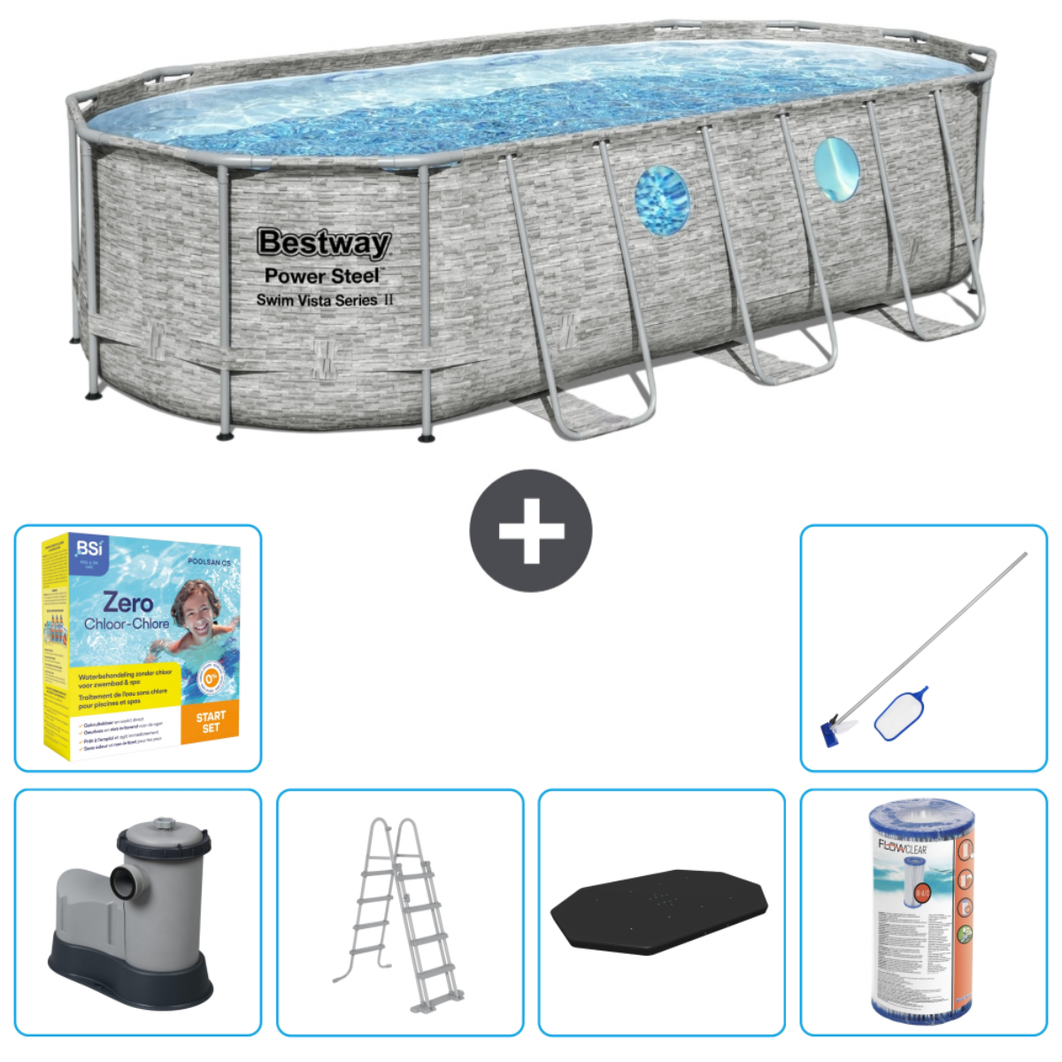 Ovale Bestway-zwembad met accessoires: chemicaliën, pomp, ladder, mat, filter, net.
