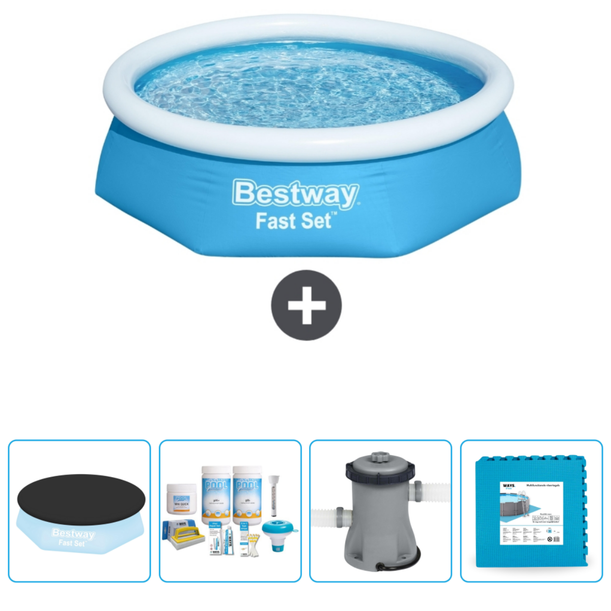 Blauw rond zwembad met water, plus filter, ladder, chemicaliën en afdekking.
