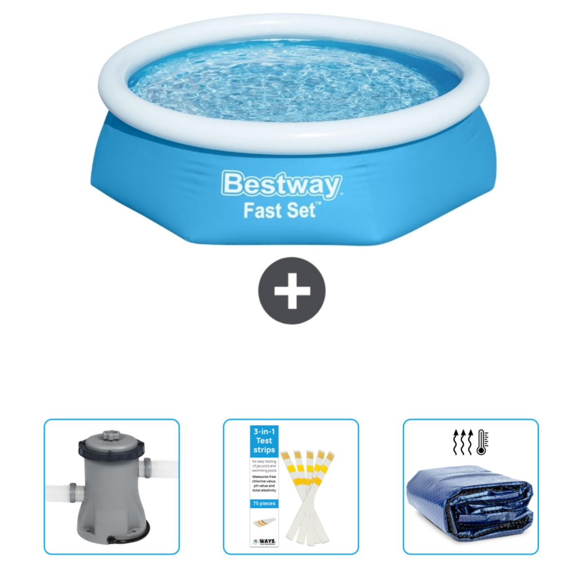 Piscine Bestway bleue et blanche avec accessoires. Comprend filtre, bandelettes et une bâche. Eau à l'intérieur.