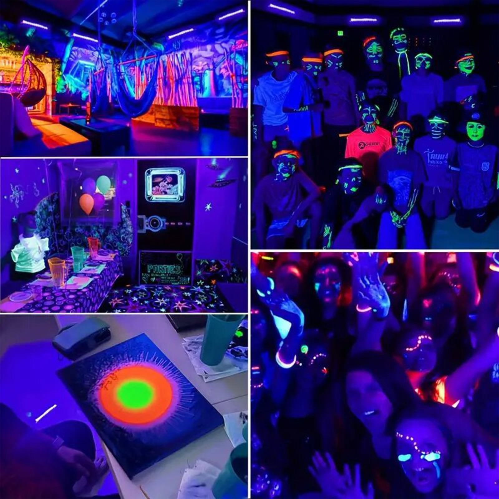 Mehrere Fotos einer UV-beleuchteten Party. Menschen sind mit leuchtenden Gesichtern und Kleidung in dunkler Umgebung zu sehen.