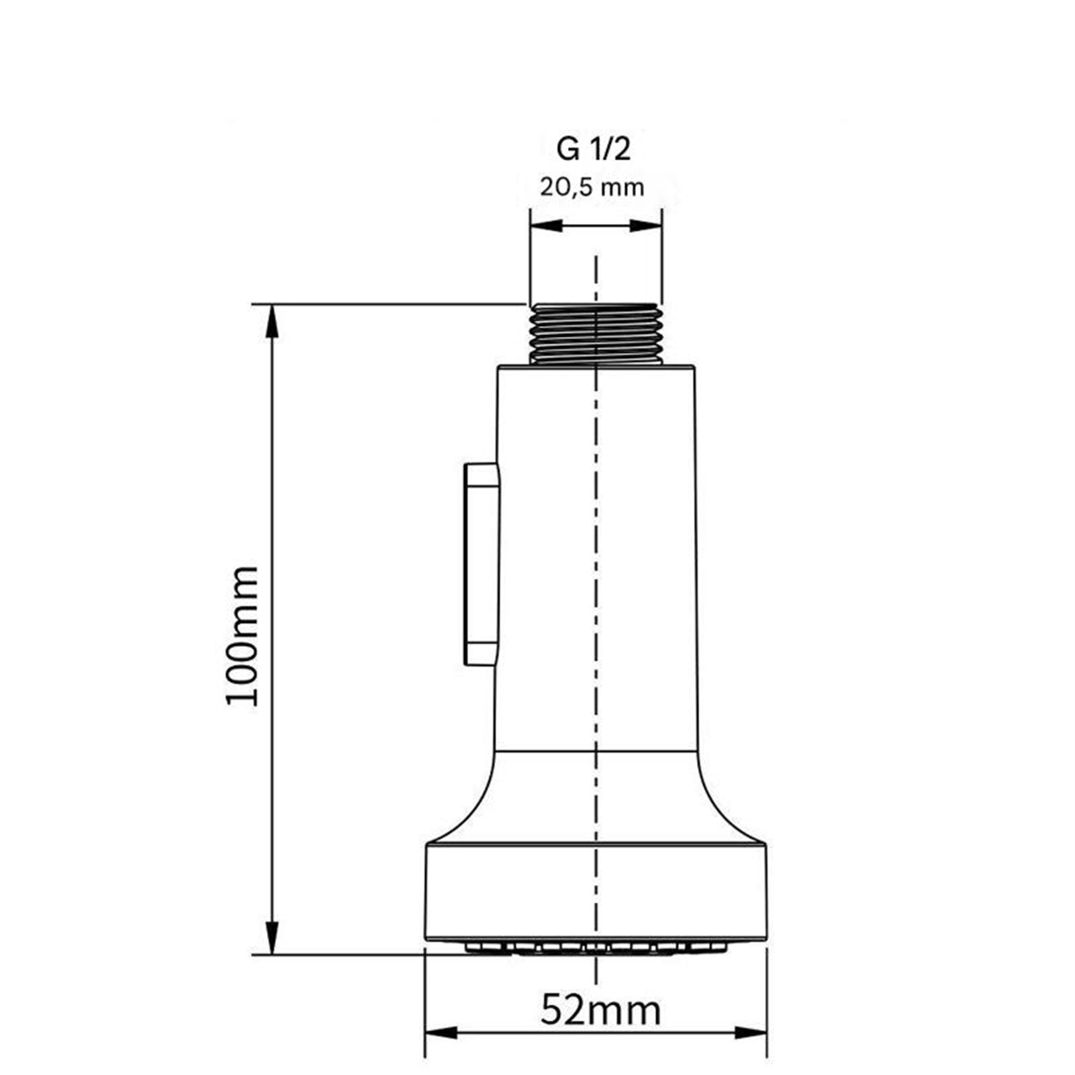 Diagramm eines Duschkopfes, Abmessungen in mm, mit einem Schraubgewinde.
