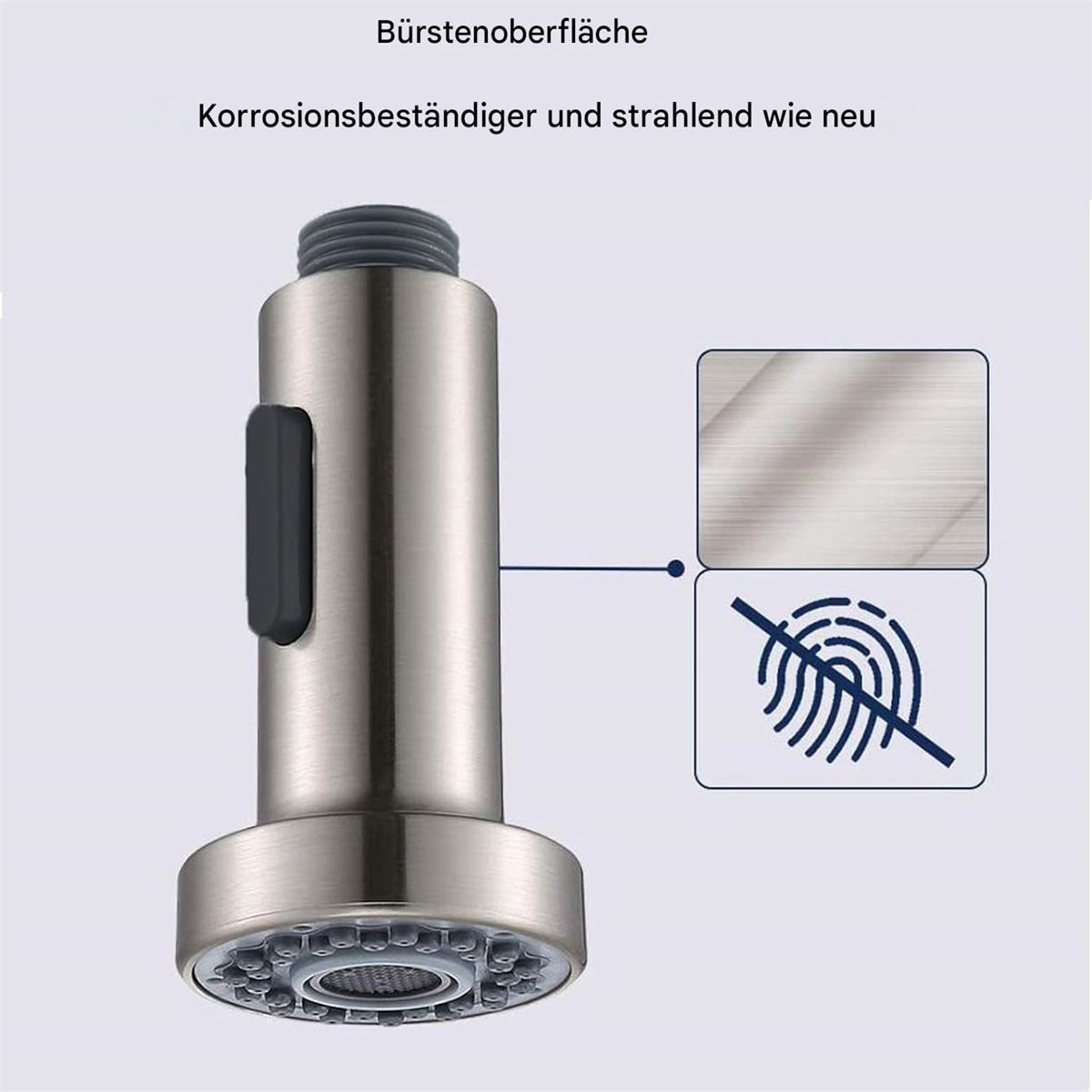 Nahaufnahme eines Wasserhahns, metallisch, mit schwarzem Knopf. Zeigt gebürstete Oberfläche.