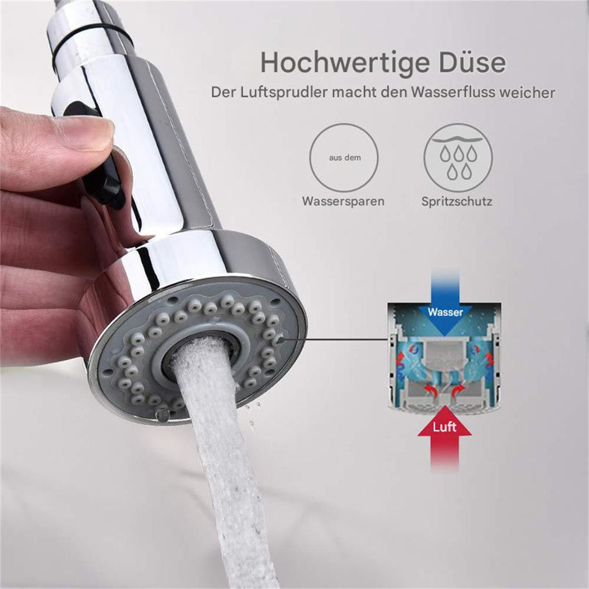 Wasserhahn mit hochwertiger Düse, der Wasserfluss zeigt. Zeigt auch Wassersparen und Spritzschutz.
