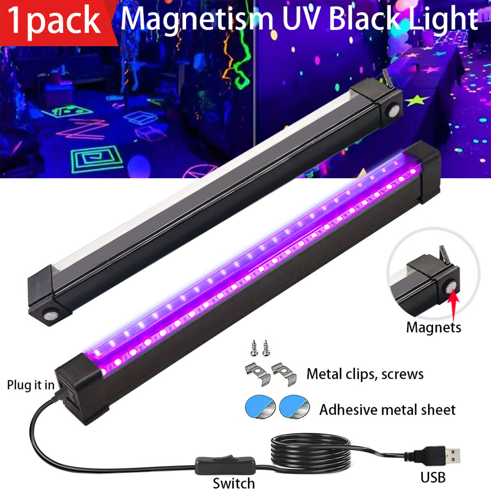 Zwei schwarze UV-Schwarzlichter, Zubehör und ein Schalter auf einer Oberfläche mit Neonlichtern.