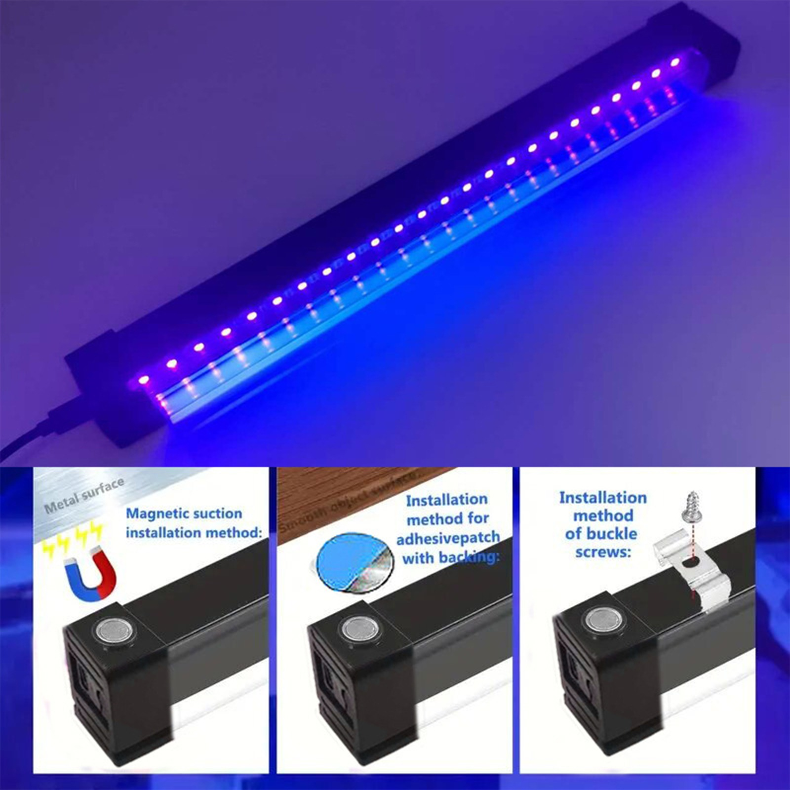 Eine lange UV-Leuchte mit blauen und lila LEDs, darunter werden drei Installationsmethoden gezeigt.