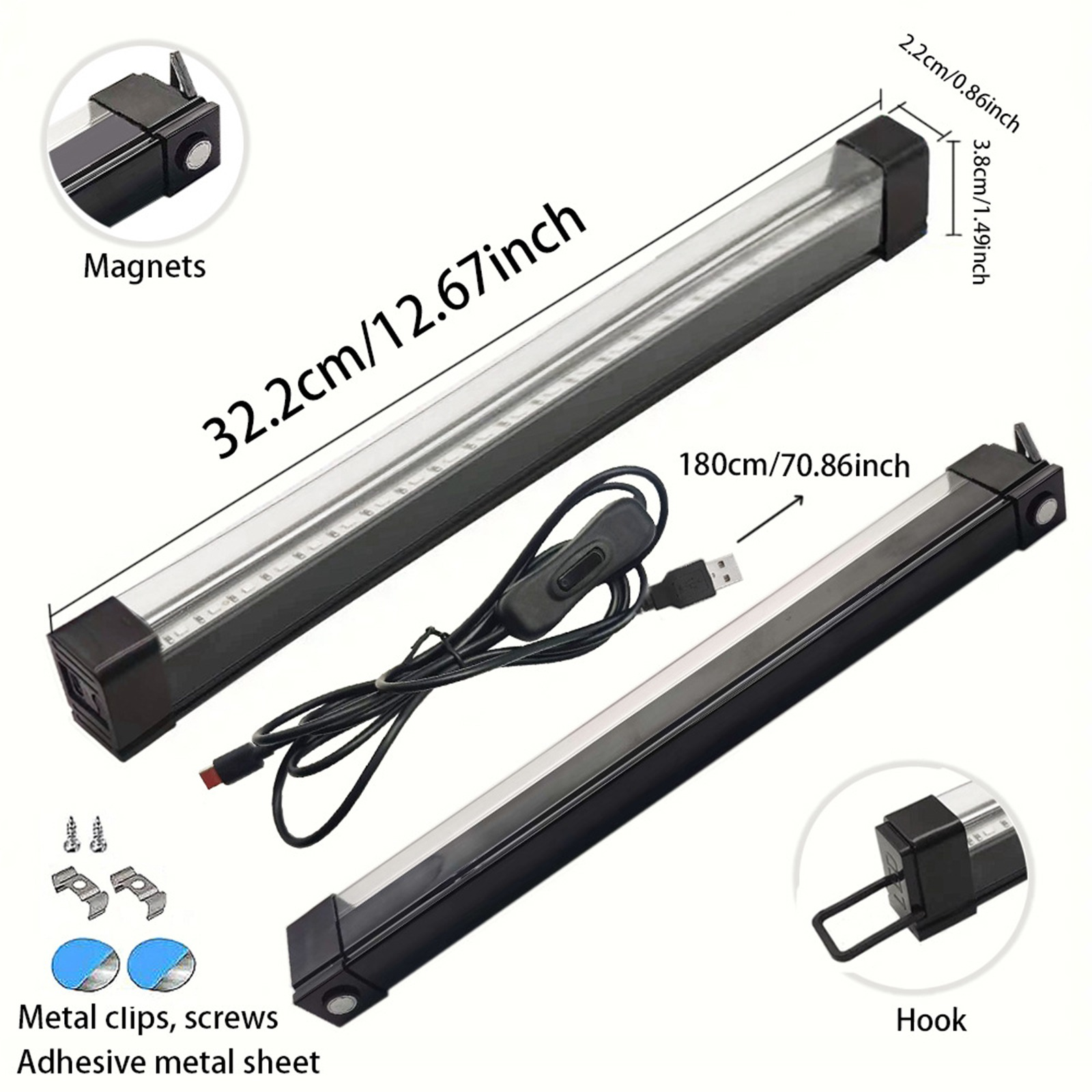 Zwei LED-Lichtleisten mit Abmessungen, Magneten, Metallclips, Schrauben und einem USB-Stromkabel mit Stecker.