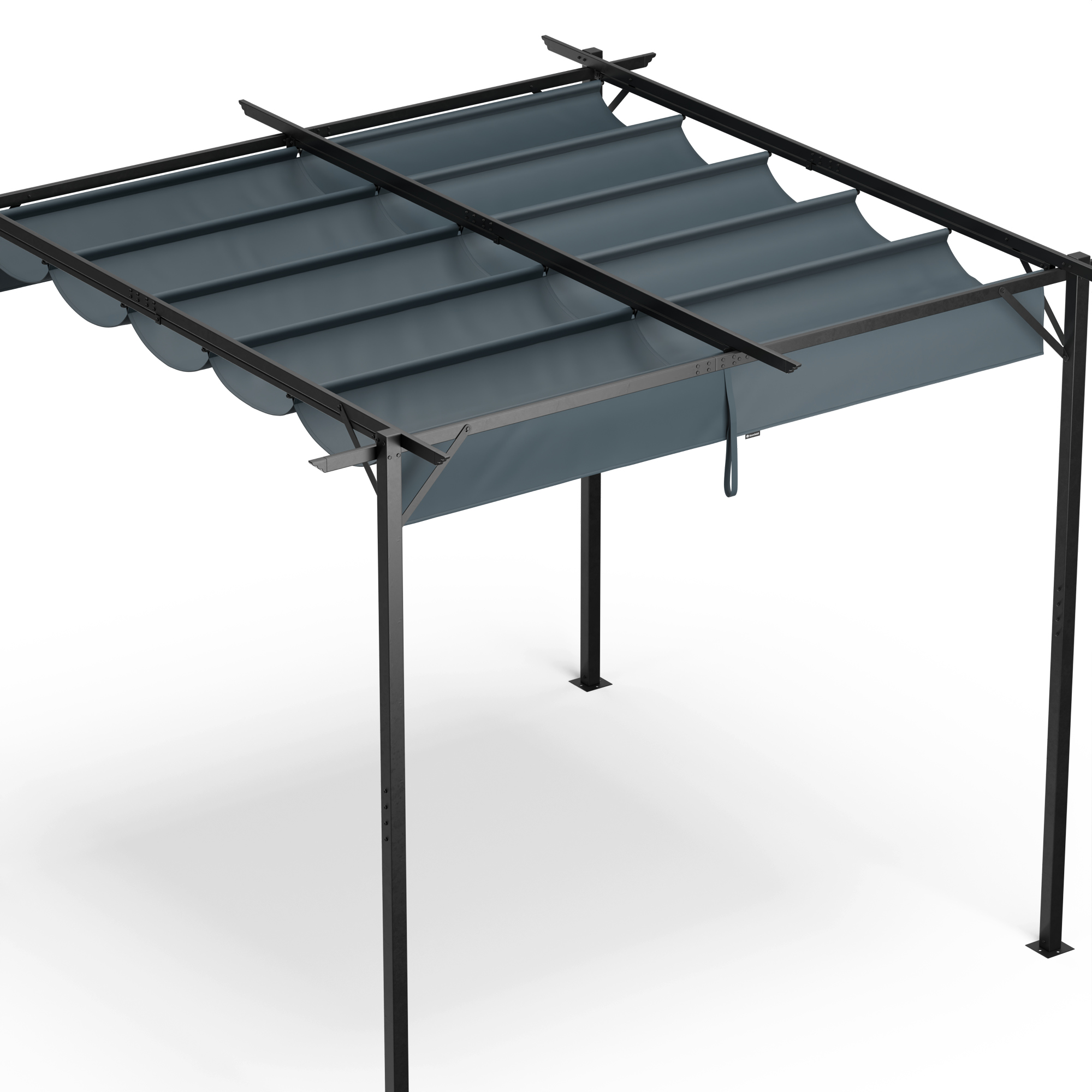 Eine graue Pergola mit schwarzem Rahmen, aus der Vogelperspektive auf weißem Hintergrund.