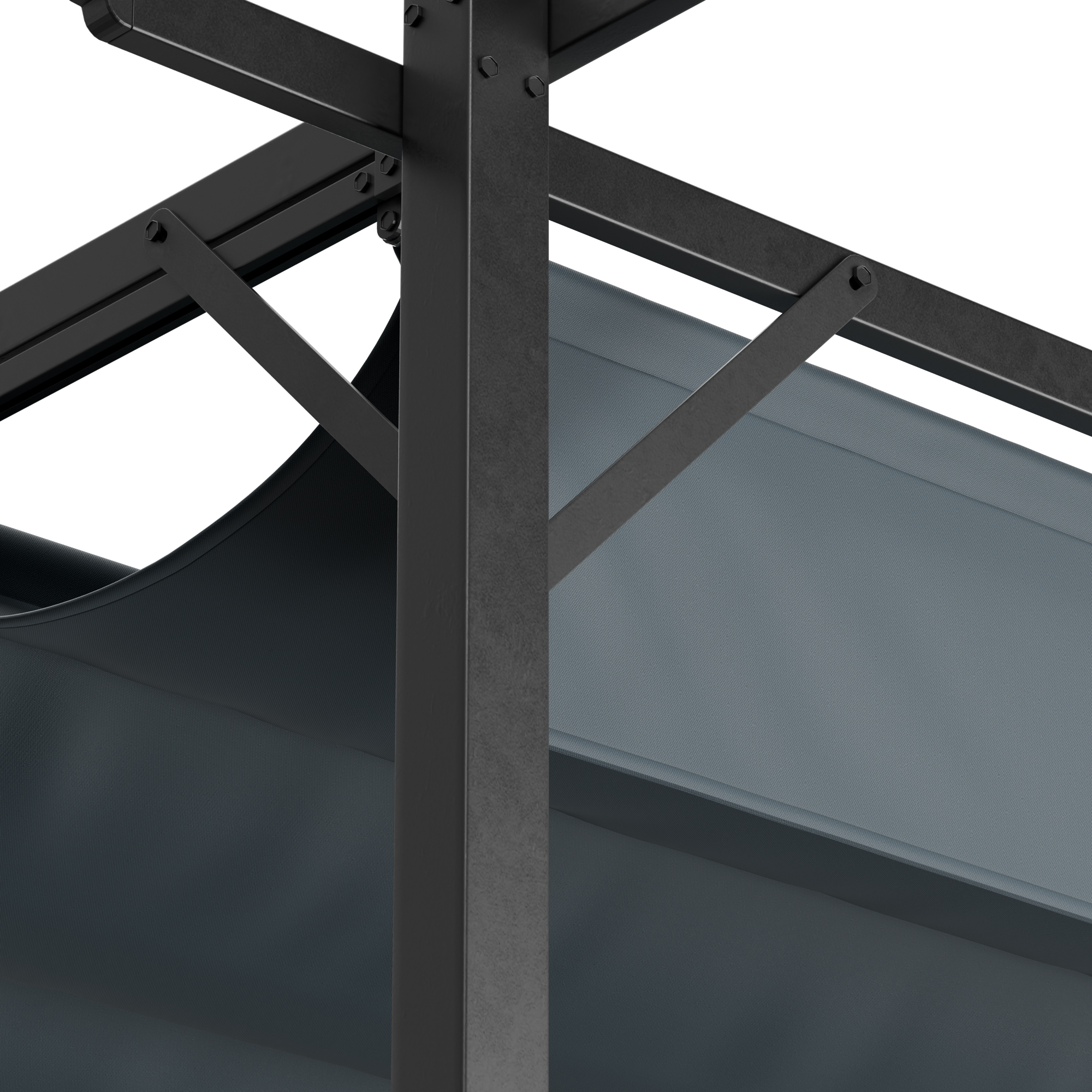 Schwarzer Metall-Pergola-Rahmen mit dunkelgrauem Stoffschatten auf weißem Hintergrund.