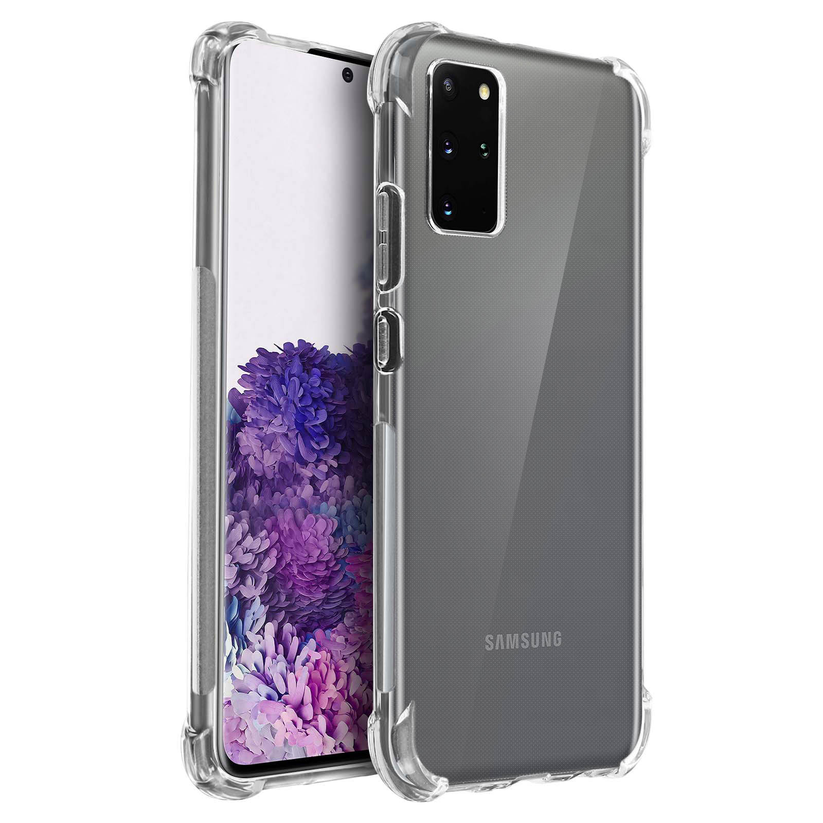 Custodia trasparente per telefono su un telefono Samsung. Ha doppia fotocamera e pulsanti laterali.