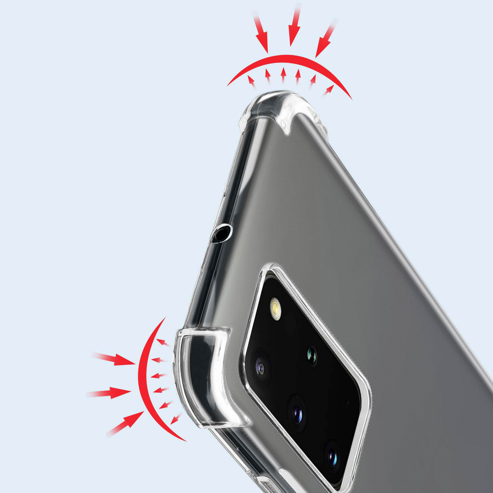 Primo piano di un telefono in una custodia trasparente. Le frecce indicano le zone di impatto sugli angoli.