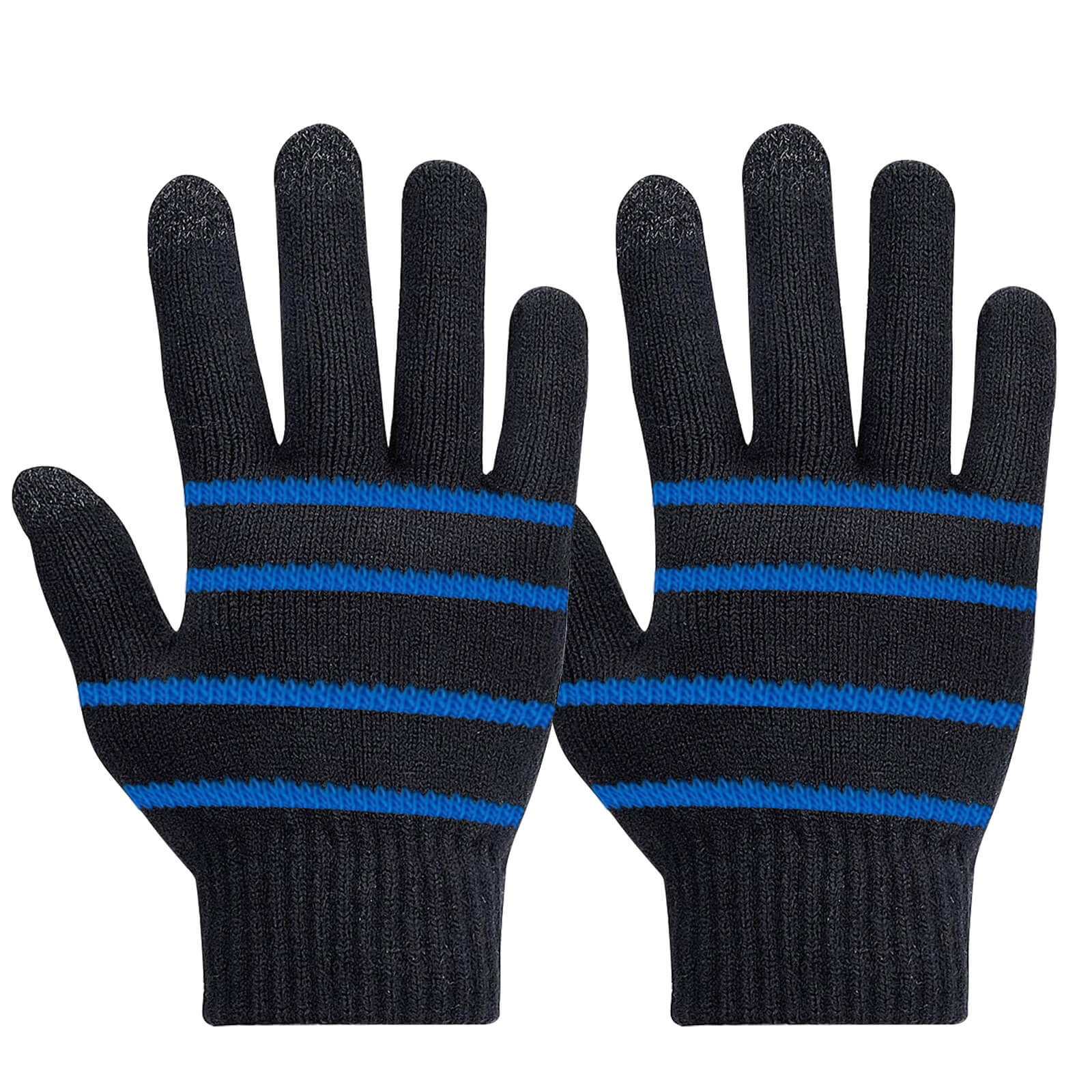 Guanti neri con strisce blu. I guanti hanno un design compatibile con touchscreen.