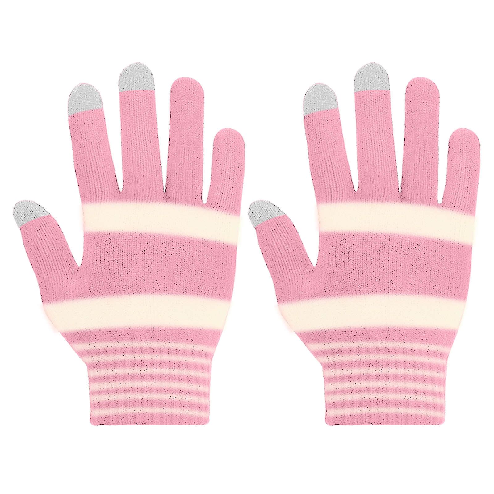 Gants rayés roses et blancs avec bouts des doigts gris.