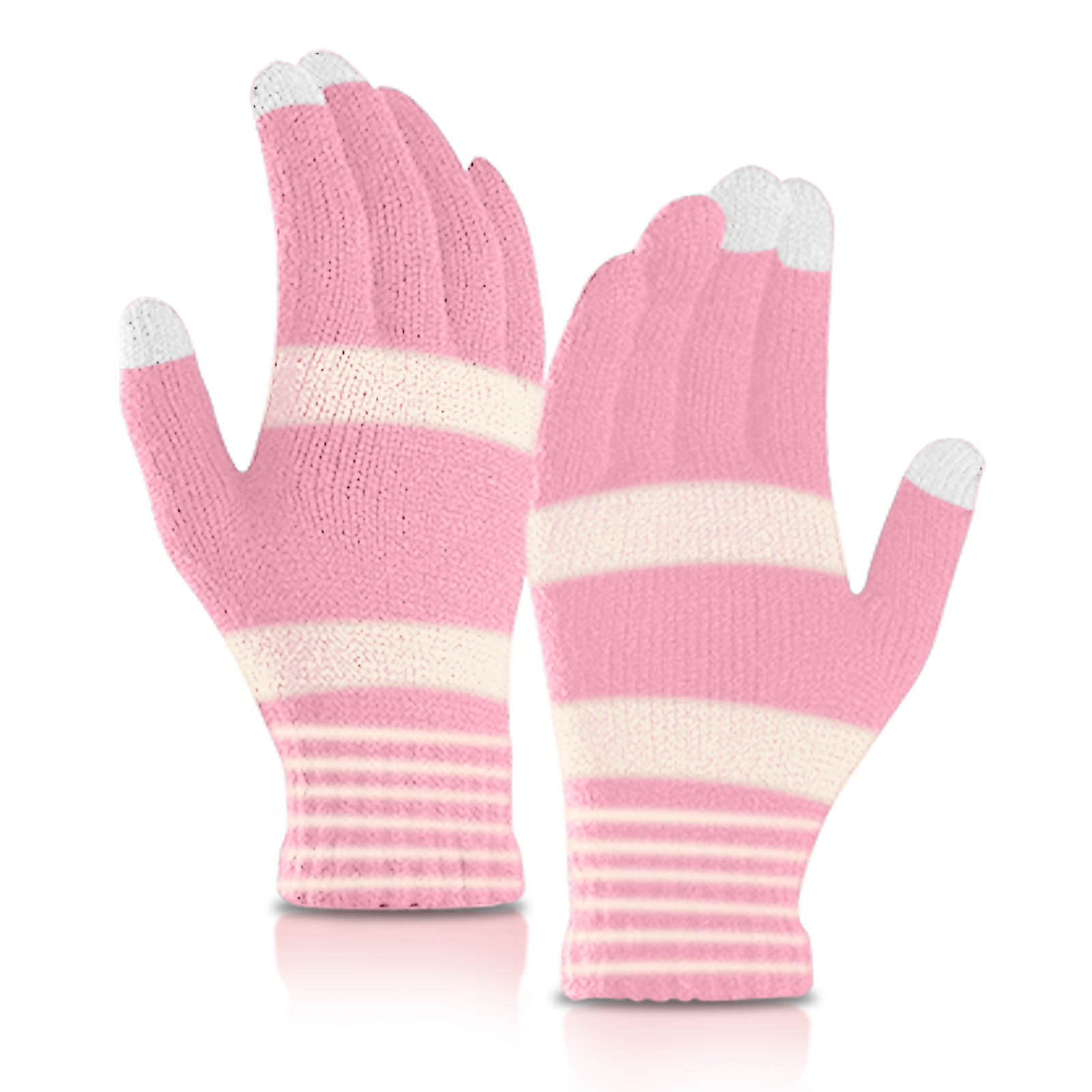 Deux gants rayés roses et blancs sont présentés, présentant un design avec des bouts de doigts blancs.