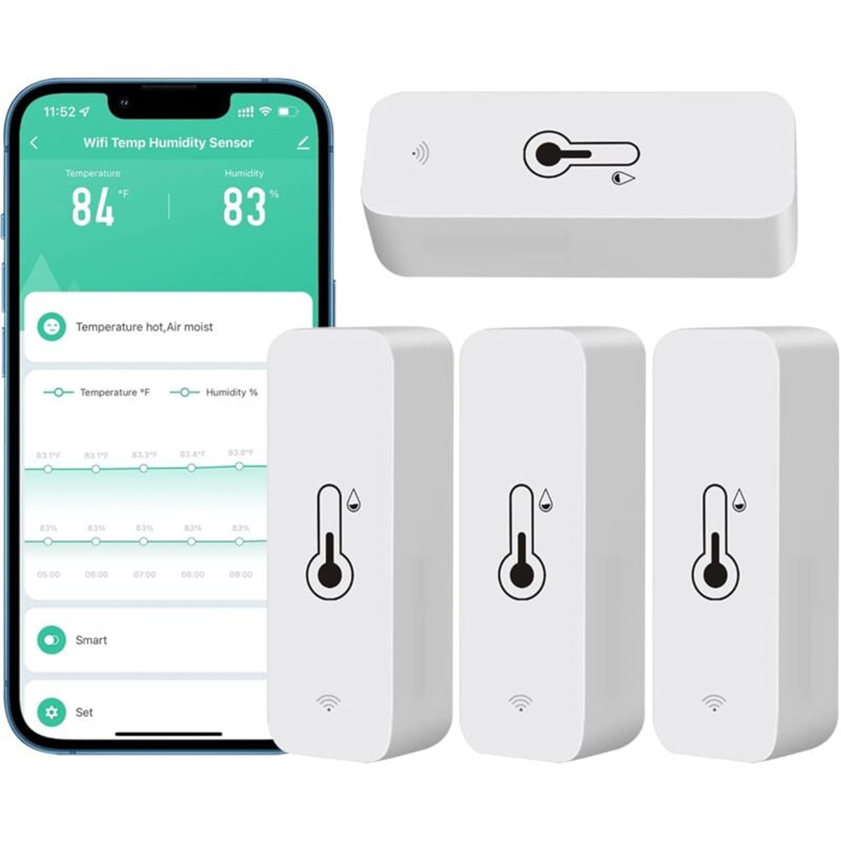 Drei weiße Feuchtigkeitssensoren und ein Smartphone. Der Smartphone-Bildschirm zeigt Daten. Weißer Hintergrund.