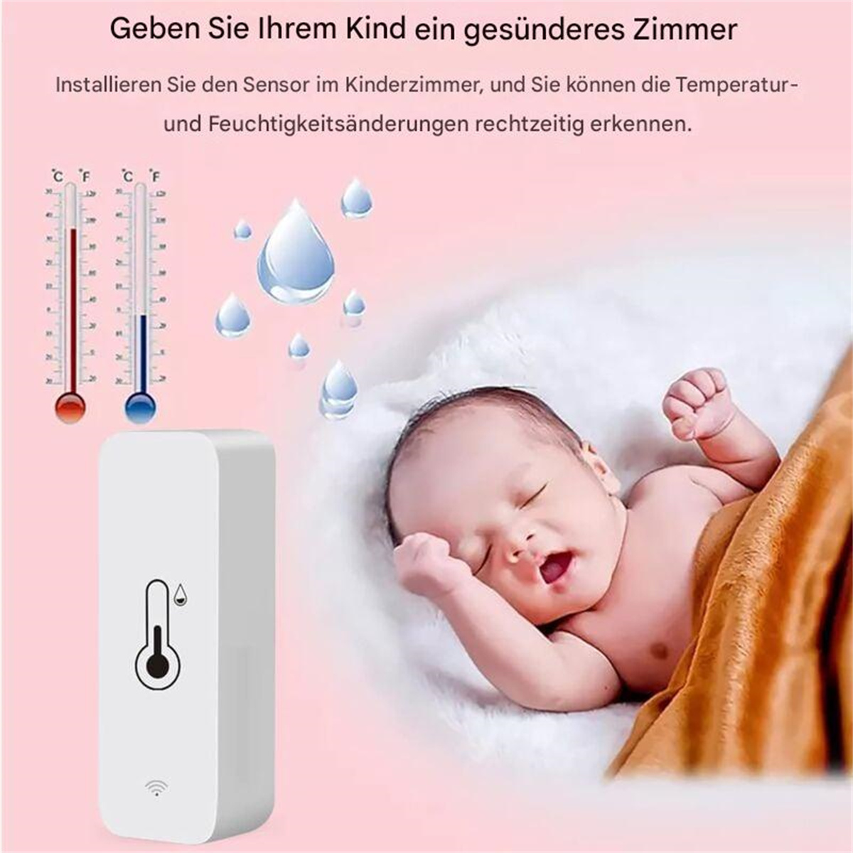 Baby schläft auf einem Bett mit Sensor- und Thermometerbildern.