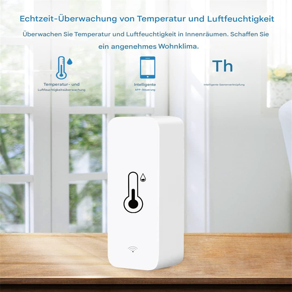 Weißes Smart-Gerät mit Thermometer-Symbol, mit Fenster und Text auf Deutsch.