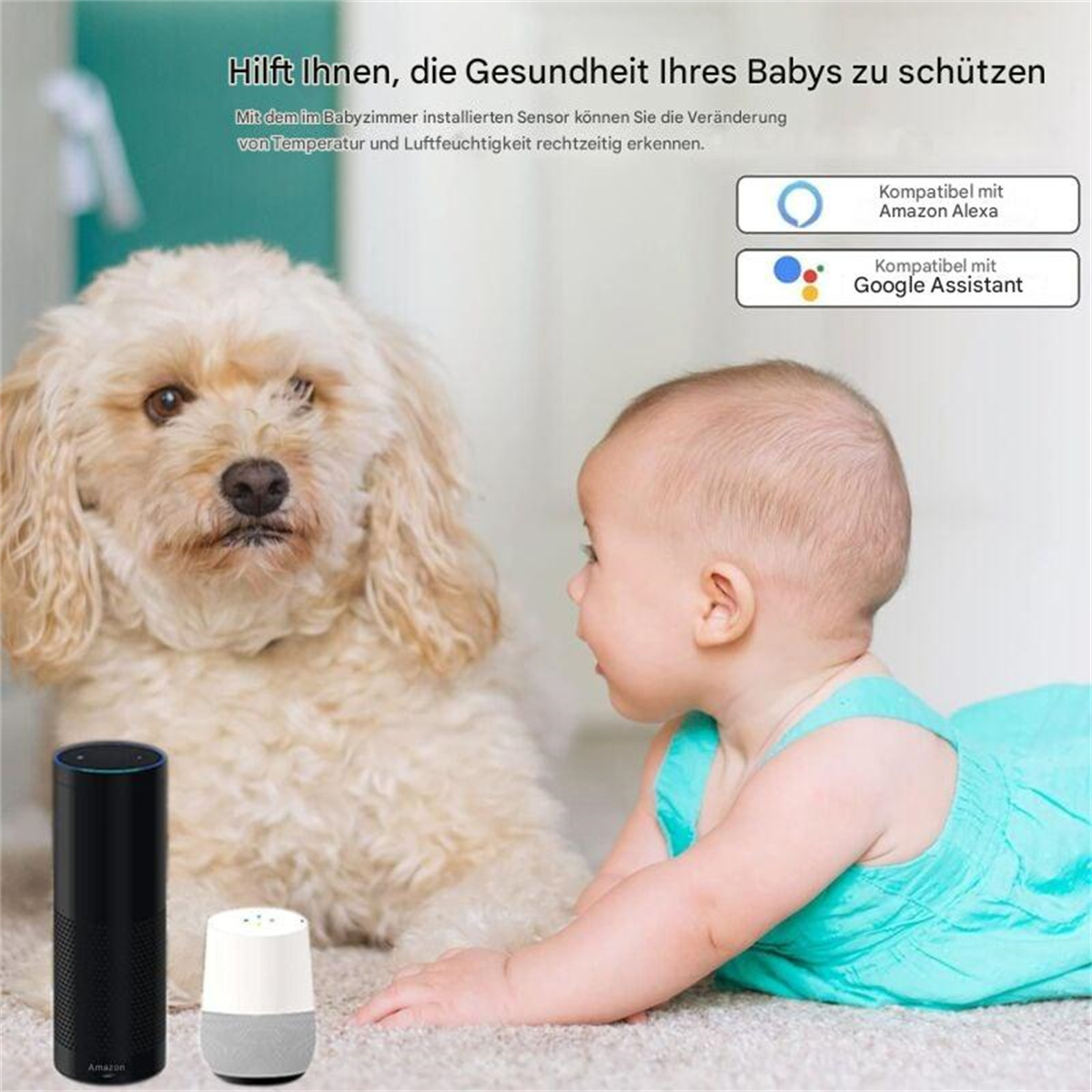 Ein Baby und ein Hund in einem Raum. Zwei intelligente Lautsprecher im Vordergrund.