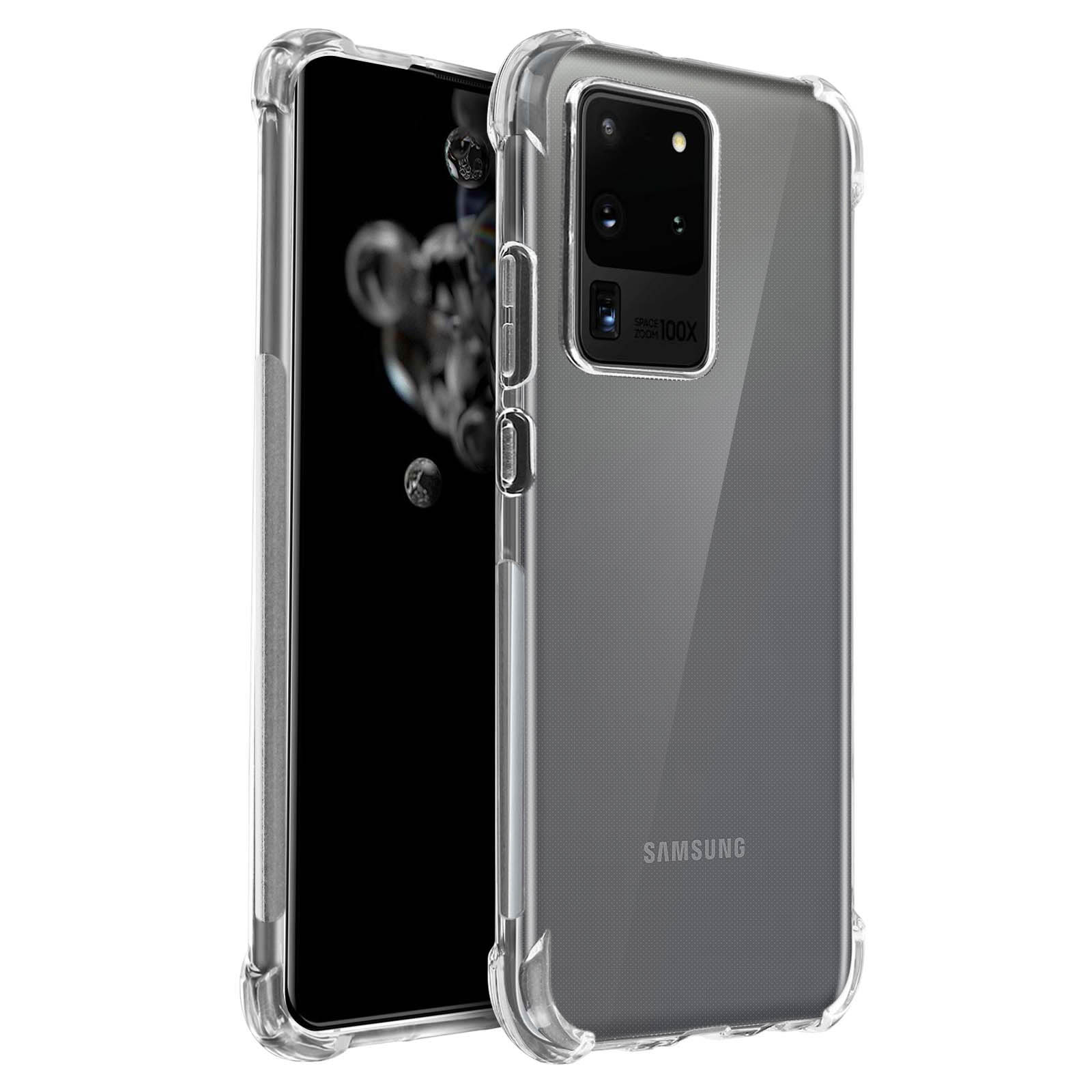Una custodia trasparente per telefono con un telefono all'interno. La custodia ha bordi rialzati e protegge la fotocamera.