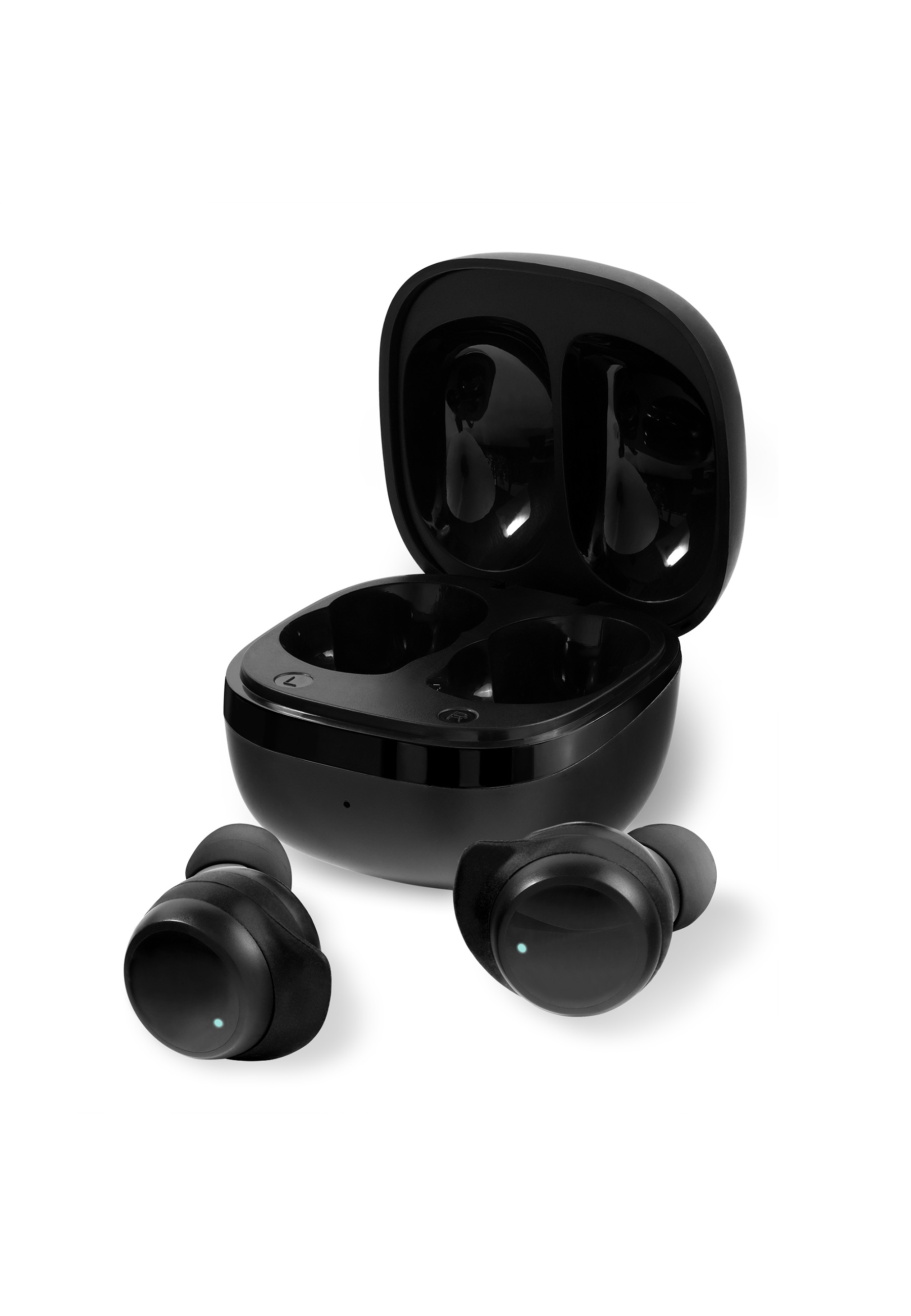 Auricolari wireless neri con custodia di ricarica. La custodia è aperta.