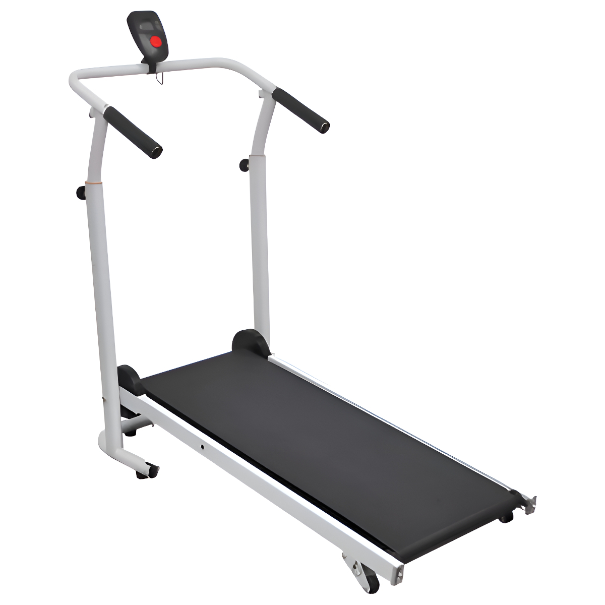 Laufband mit Handläufen und Bedienfeld. Schwarz-Weiß-Farbschema. Weißer Hintergrund.