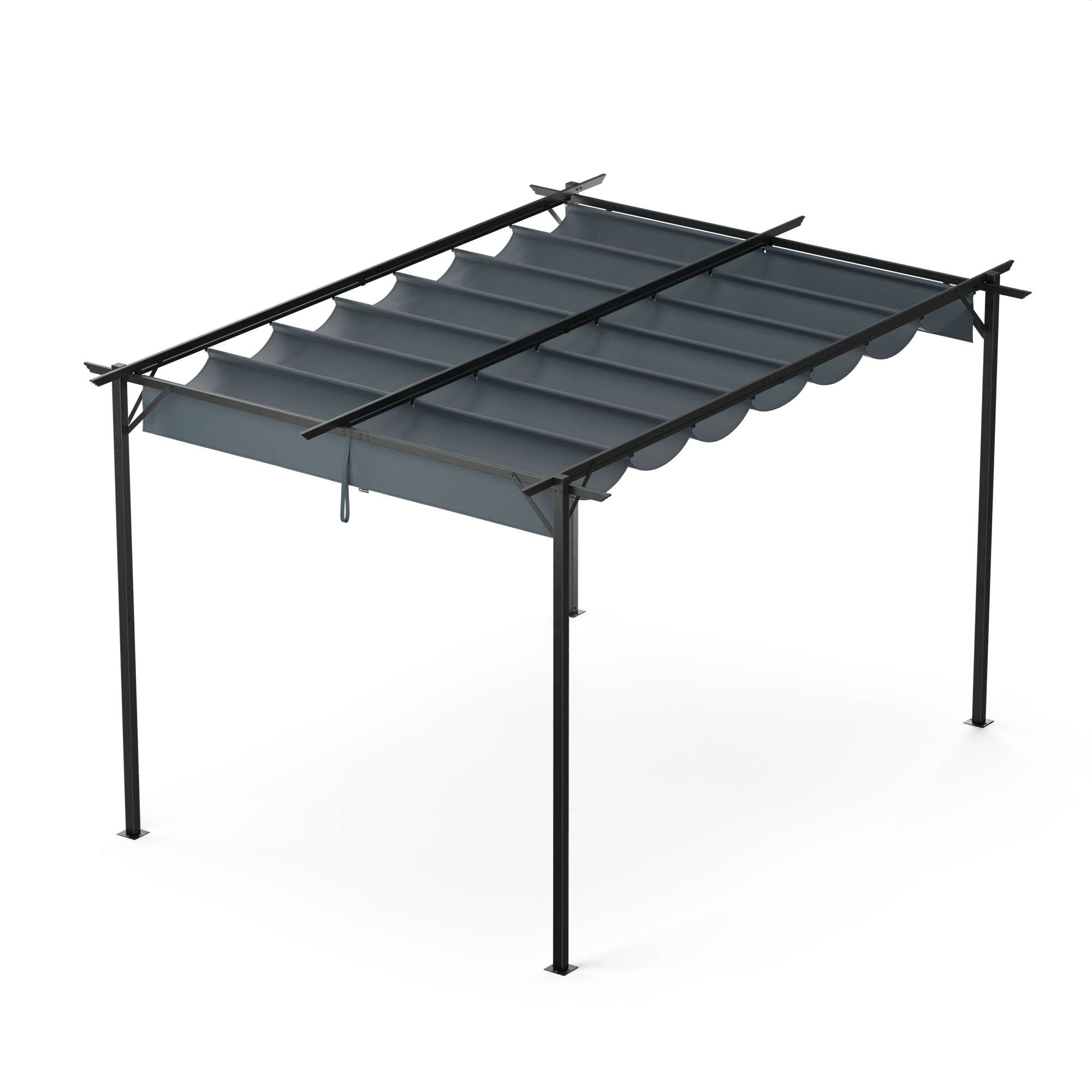 Eine graue und schwarze Pergola-Struktur auf weißem Hintergrund. Sie hat ein einziehbares Verdeck.