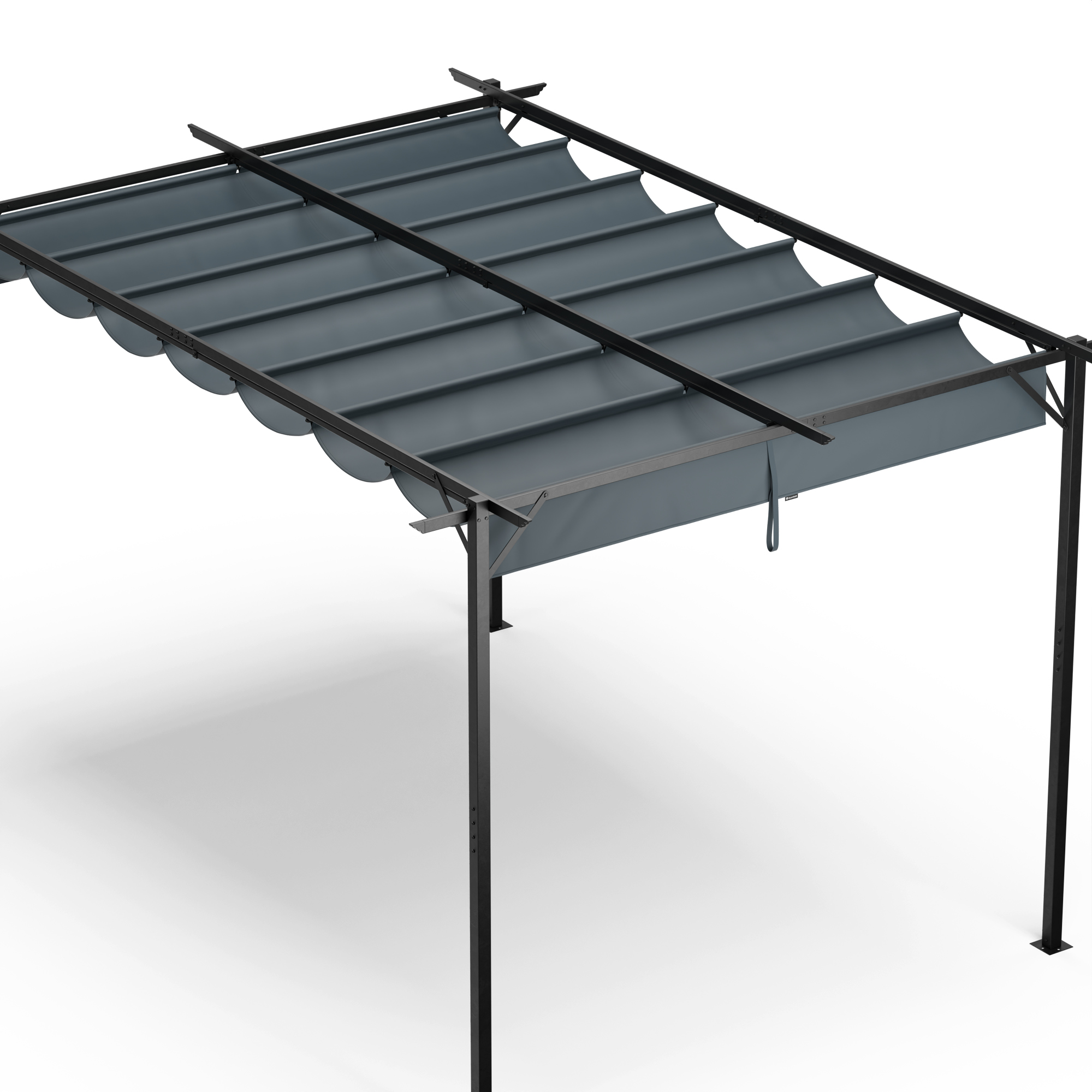 Eine graue Pergola mit einem ausziehbaren Baldachin und einem schwarzen Rahmen. Die Szene ist aus erhöhter Perspektive.