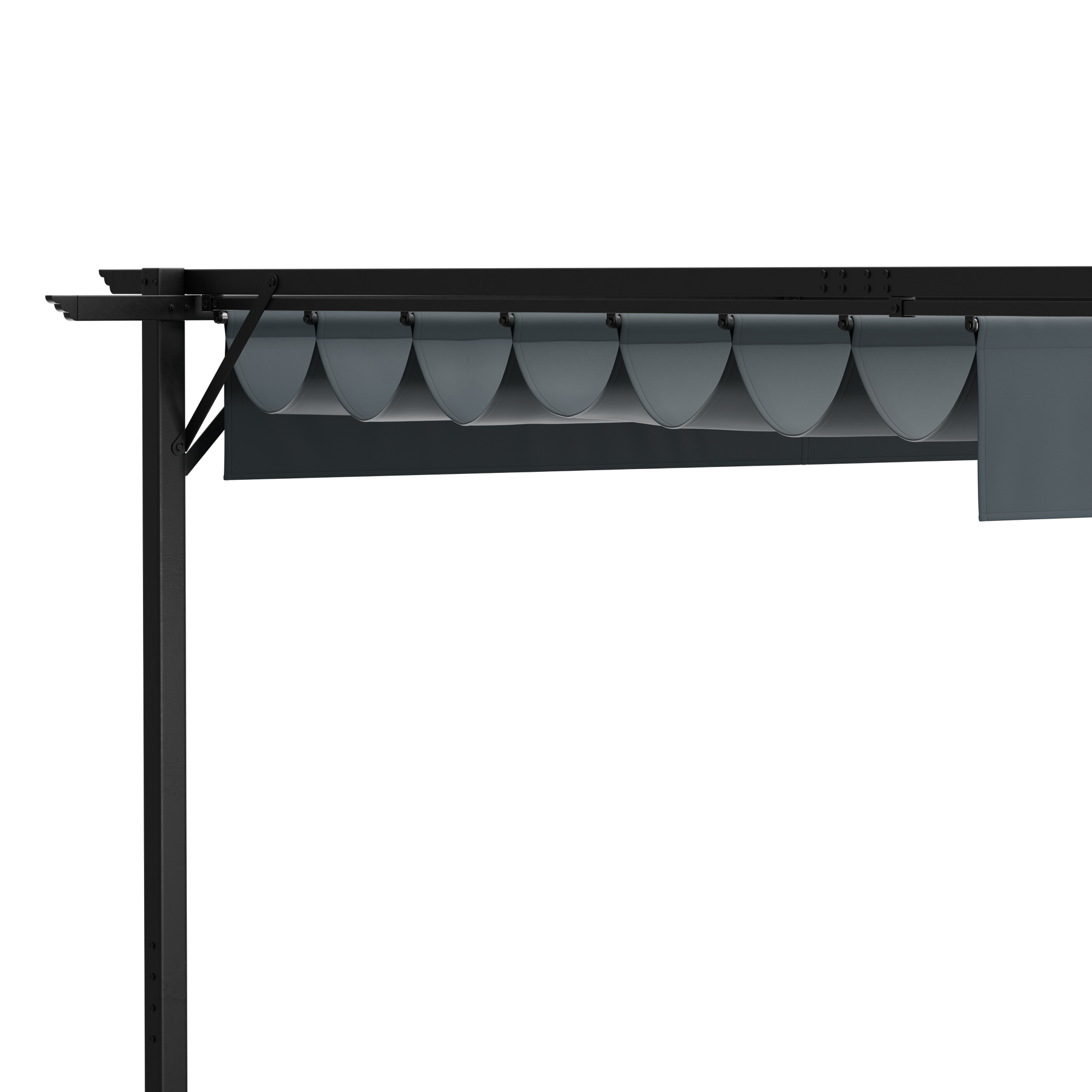 Schwarze Metallpergola mit grauen Stoffschattierungen. Der Himmel ist sichtbar.