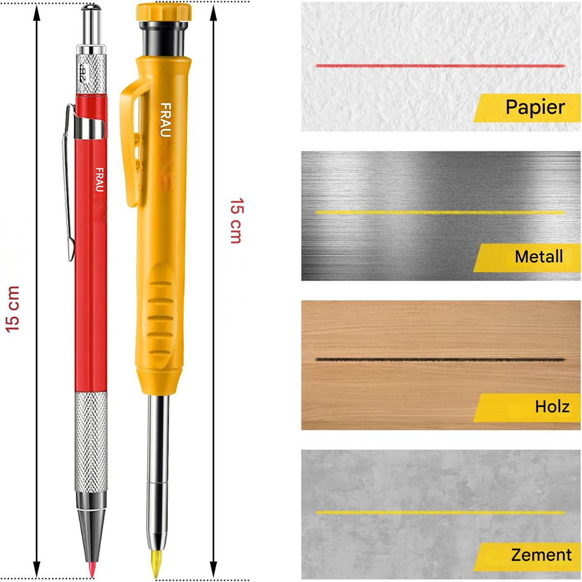 Zwei Bleistifte und Linien auf verschiedenen Oberflächen: Papier, Metall, Holz und Zement.