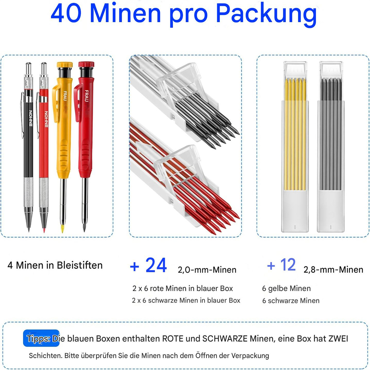 Bild zeigt Bleistifte, Minen und Boxen mit Minen. Text besagt 40 Minen pro Packung.