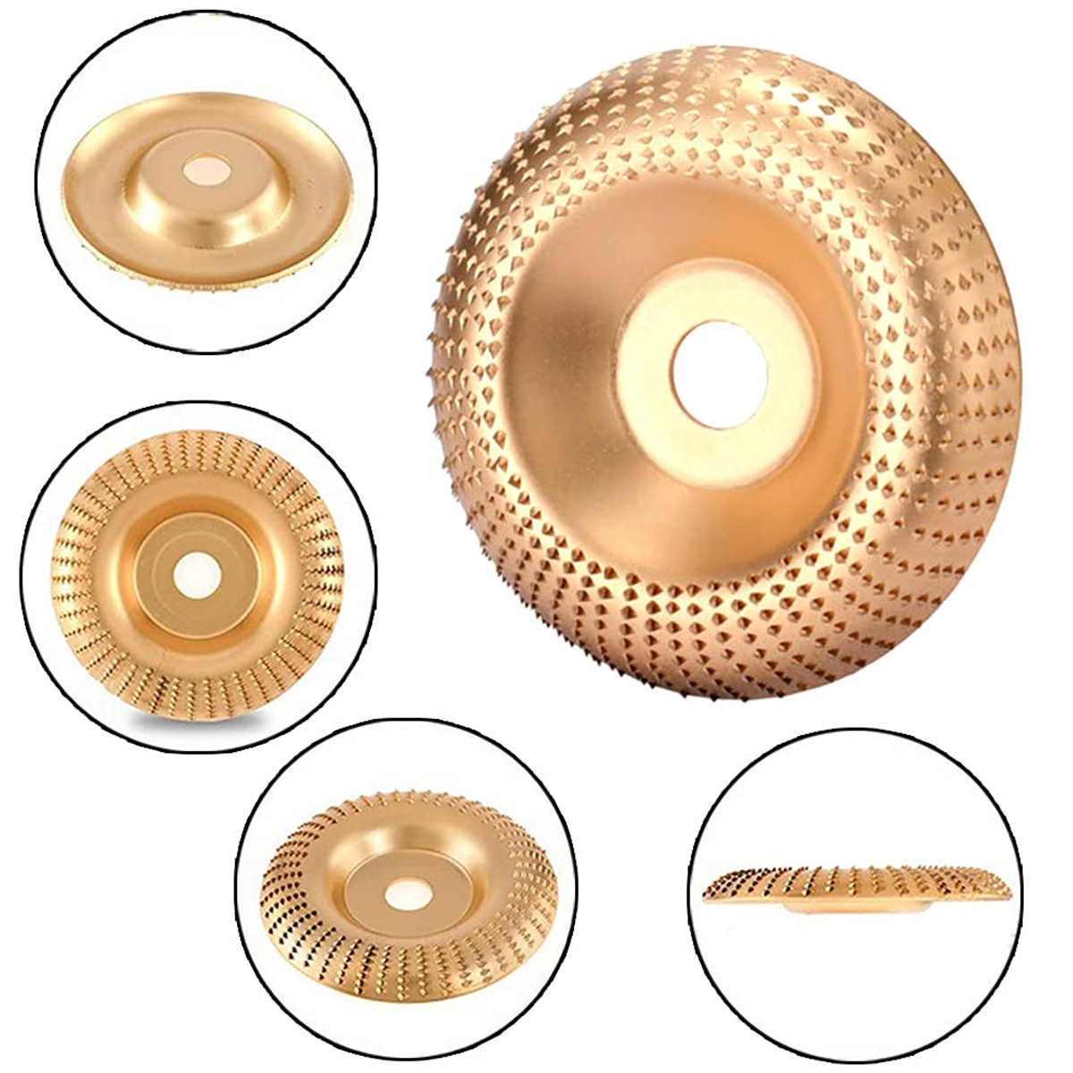 Goldfarbene Schleifscheibe mit verschiedenen Ansichten. Nahaufnahmen zeigen die Zähne und das Design.